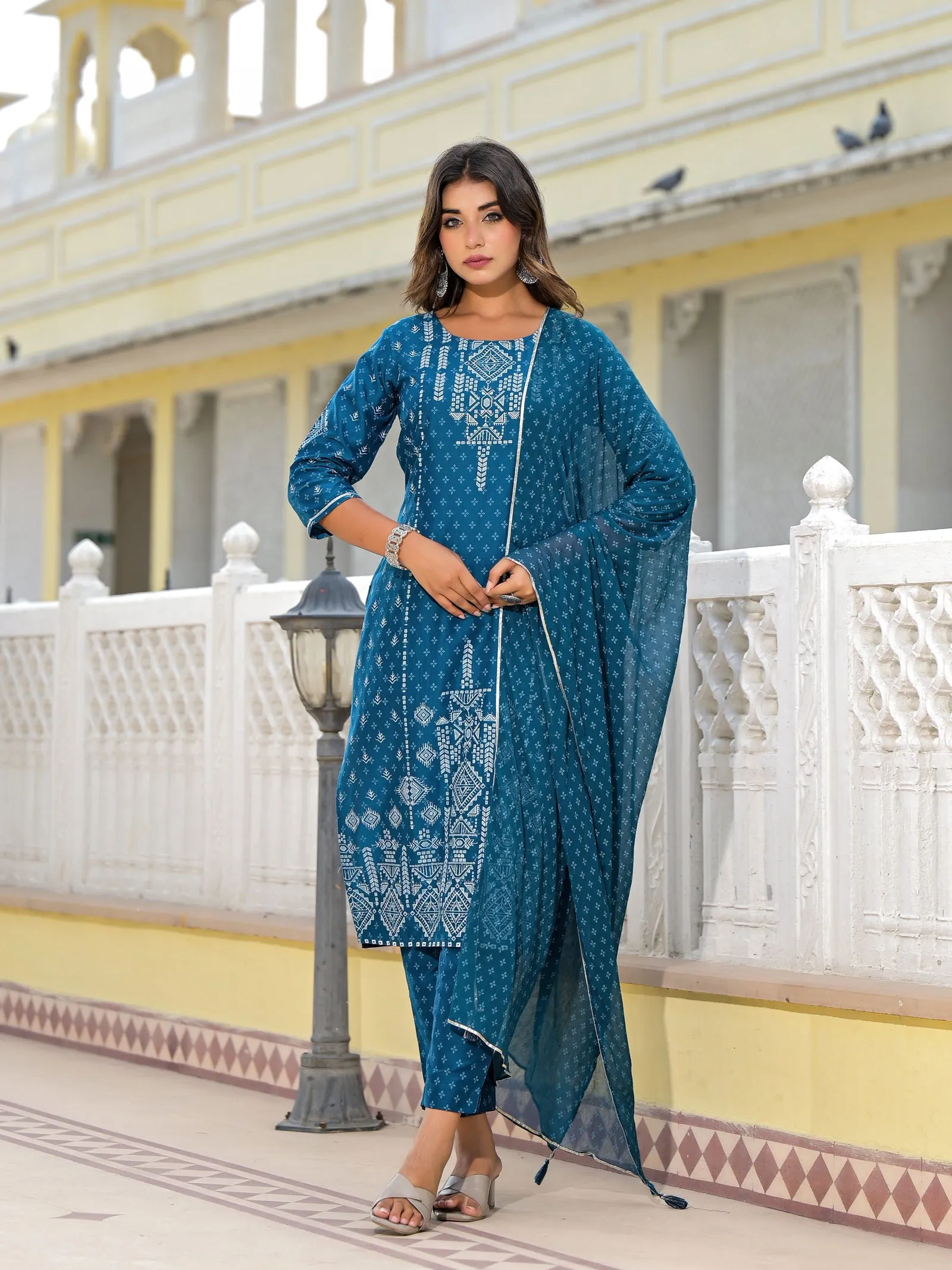 Juniper Blue Geometric Printed Viscose Kurta, Pant And Dupatta Set With With Mirror Work