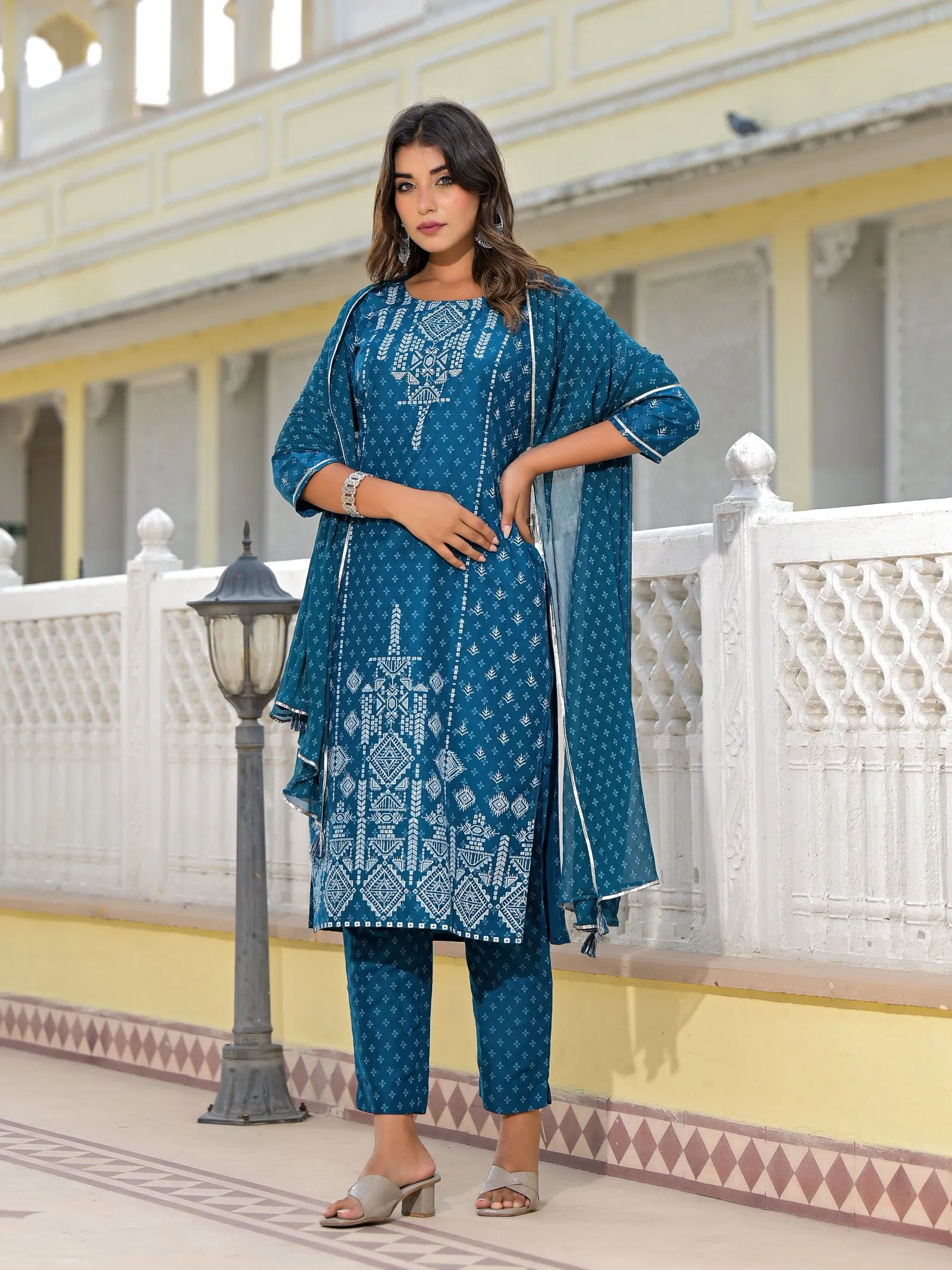 Juniper Blue Geometric Printed Viscose Kurta, Pant And Dupatta Set With With Mirror Work