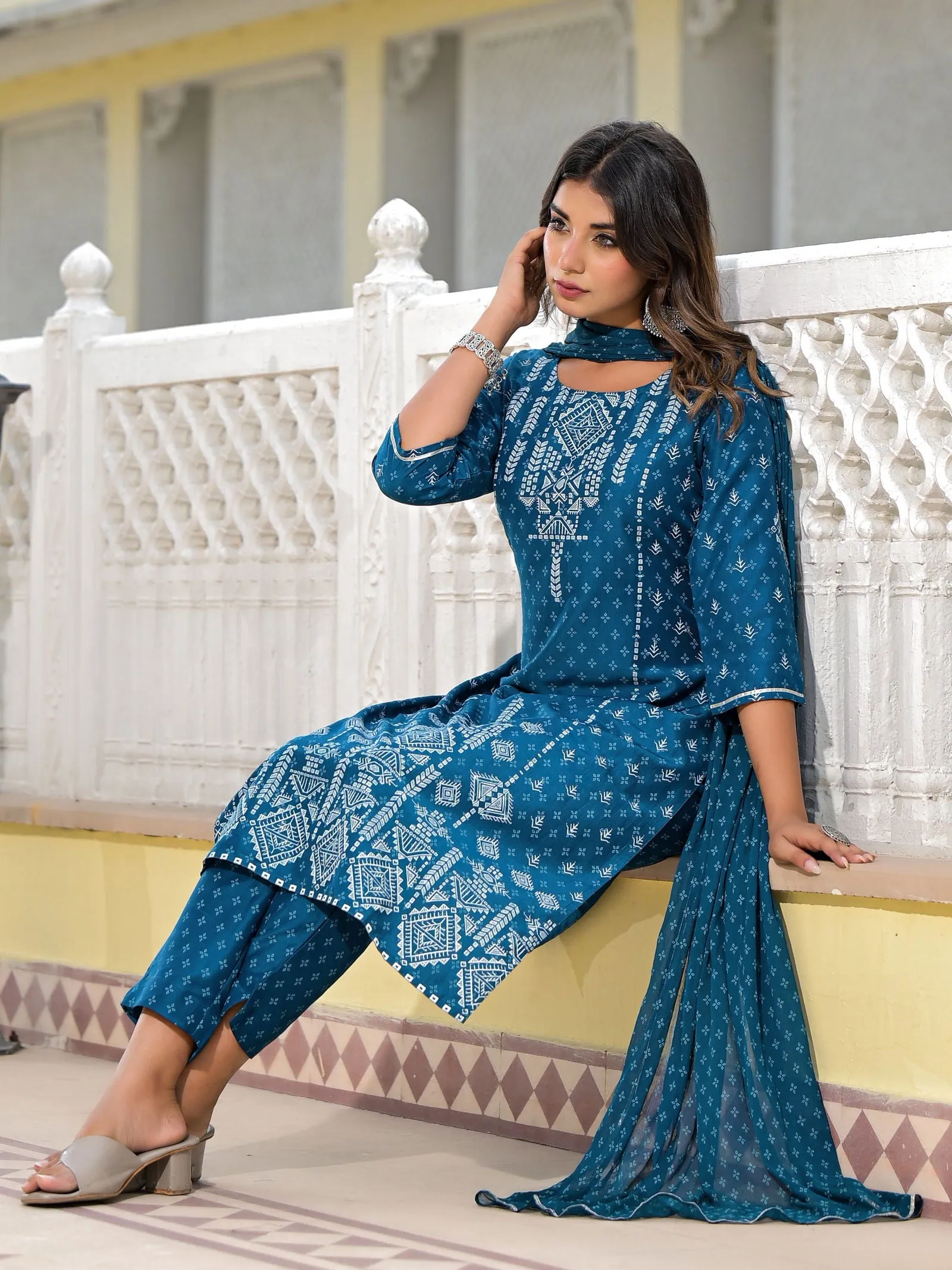 Juniper Blue Geometric Printed Viscose Kurta, Pant And Dupatta Set With With Mirror Work