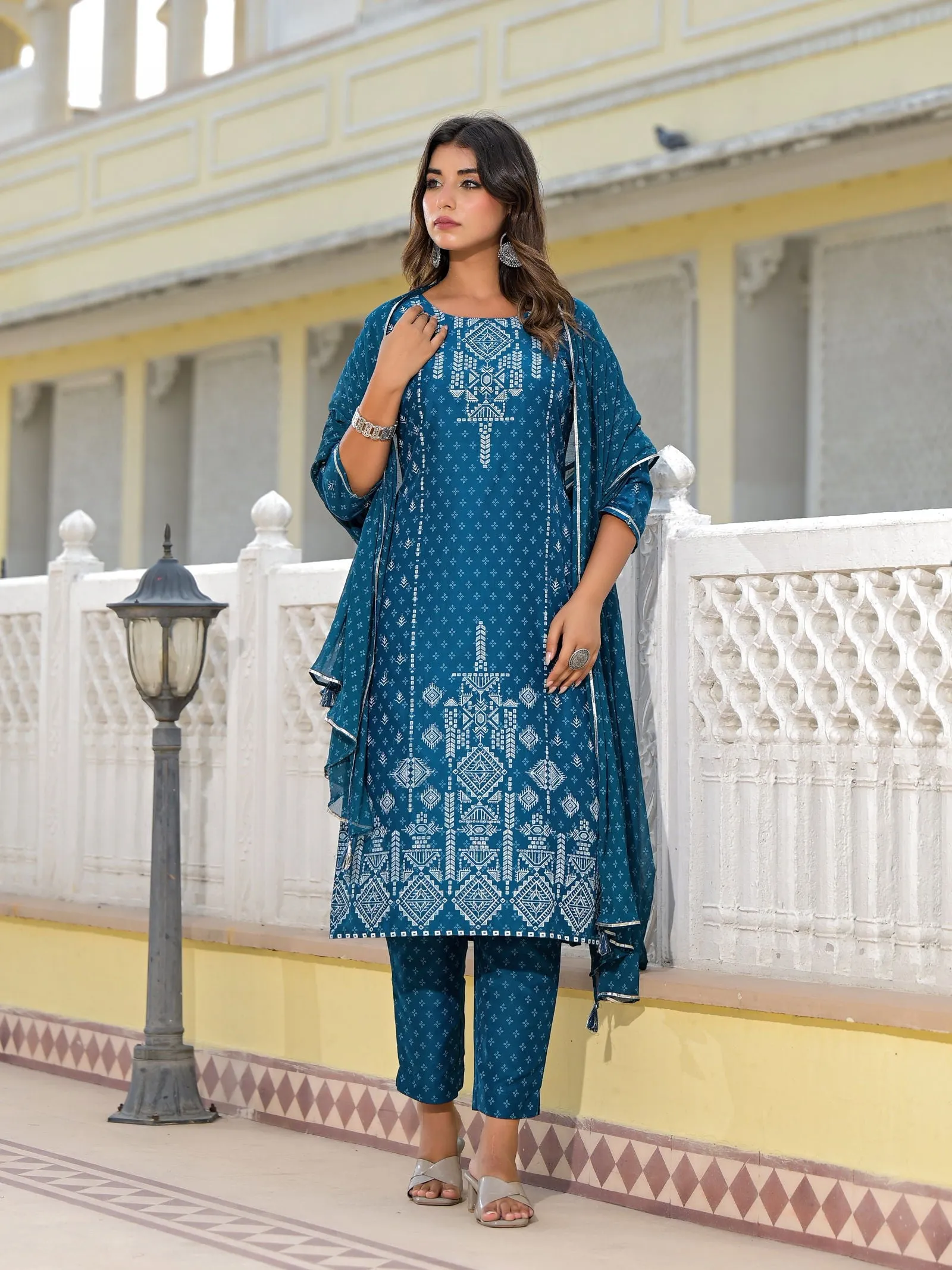 Juniper Blue Geometric Printed Viscose Kurta, Pant And Dupatta Set With With Mirror Work