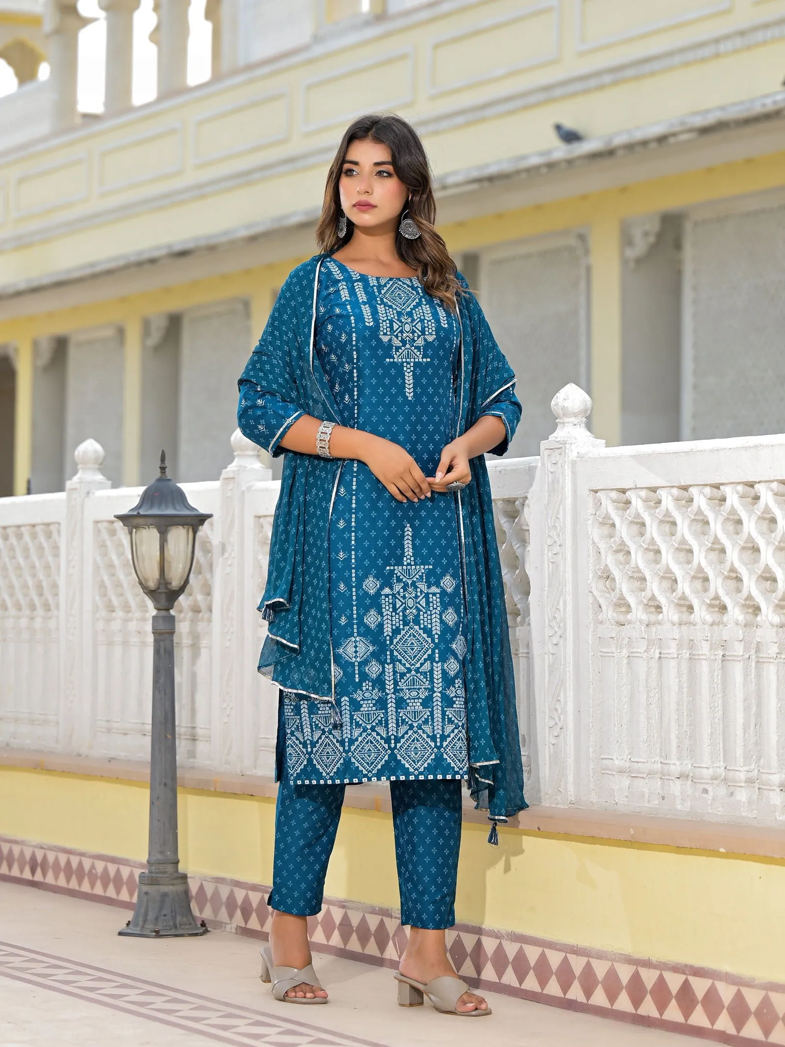 Juniper Blue Geometric Printed Viscose Kurta, Pant And Dupatta Set With With Mirror Work