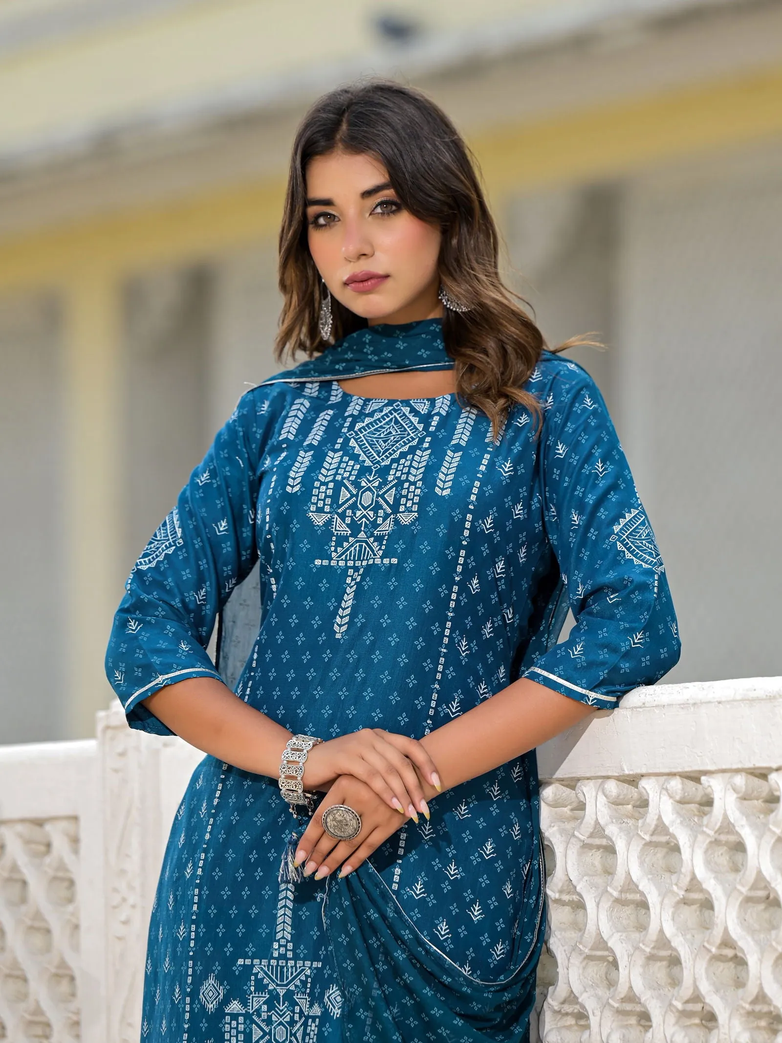 Juniper Blue Geometric Printed Viscose Kurta, Pant And Dupatta Set With With Mirror Work