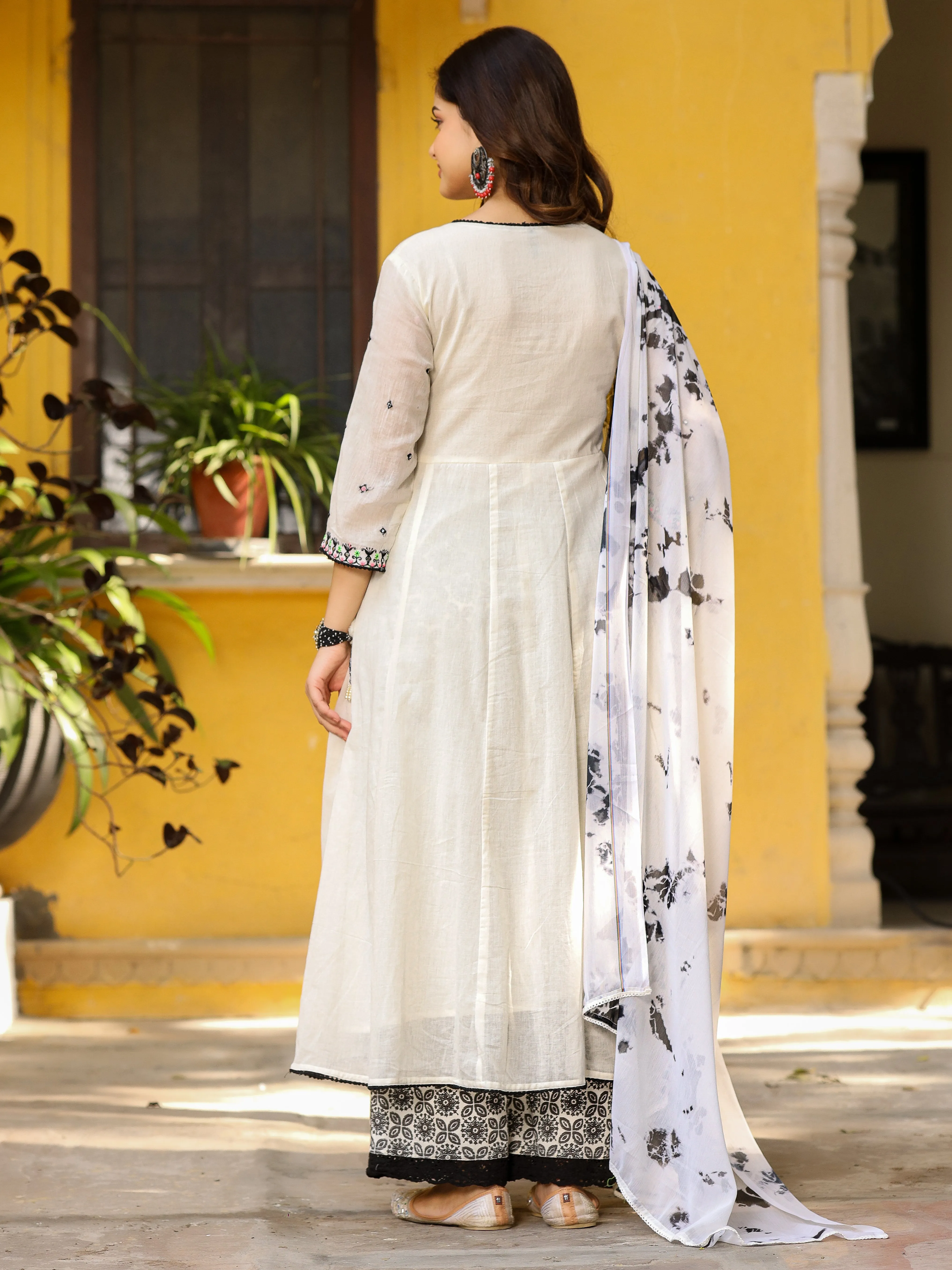 Juniper Off-White & Black Pure Cotton Angrakha Kurta Palazzo & Dupatta With Thread & Mirror Work