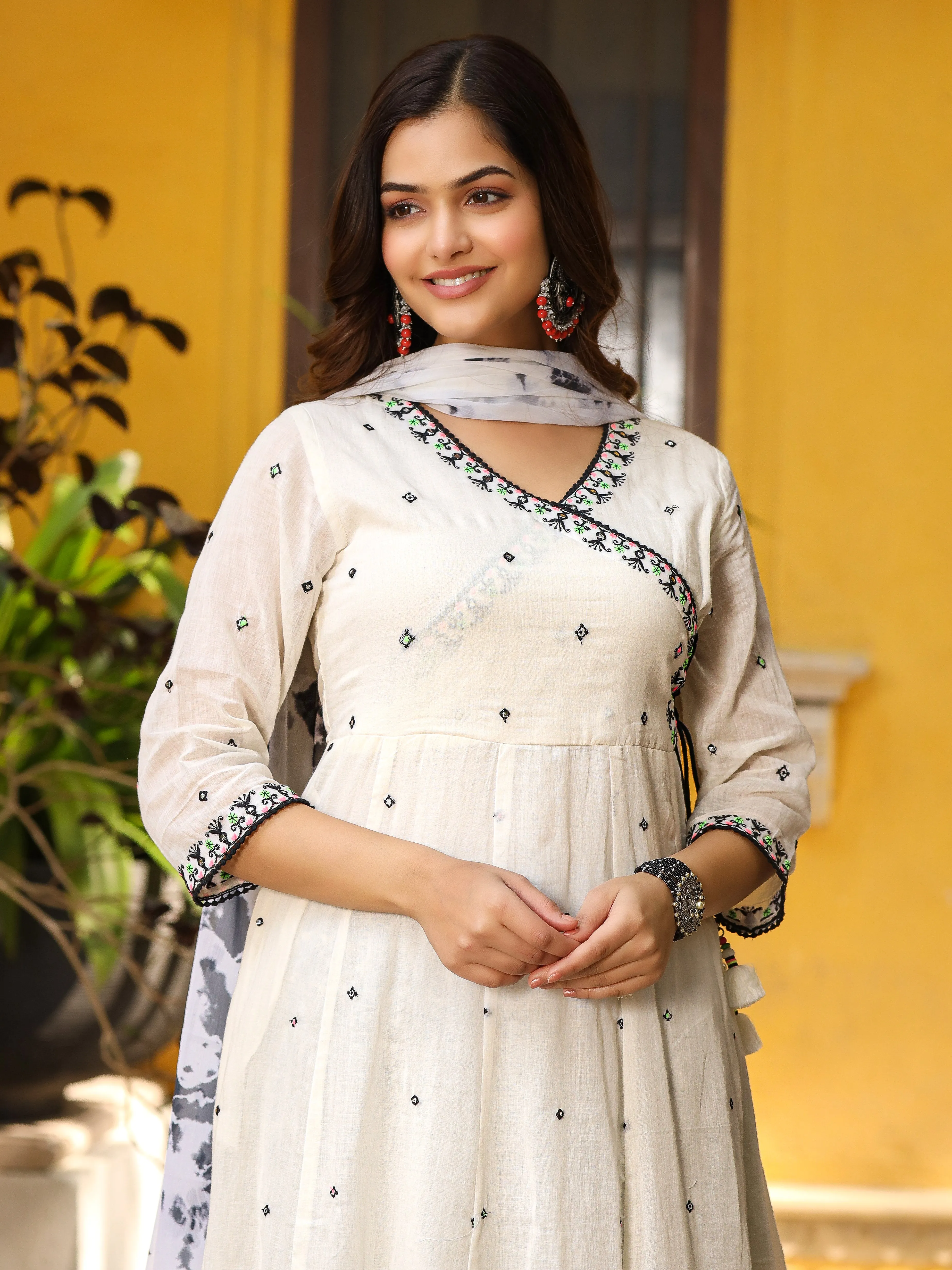 Juniper Off-White & Black Pure Cotton Angrakha Kurta Palazzo & Dupatta With Thread & Mirror Work