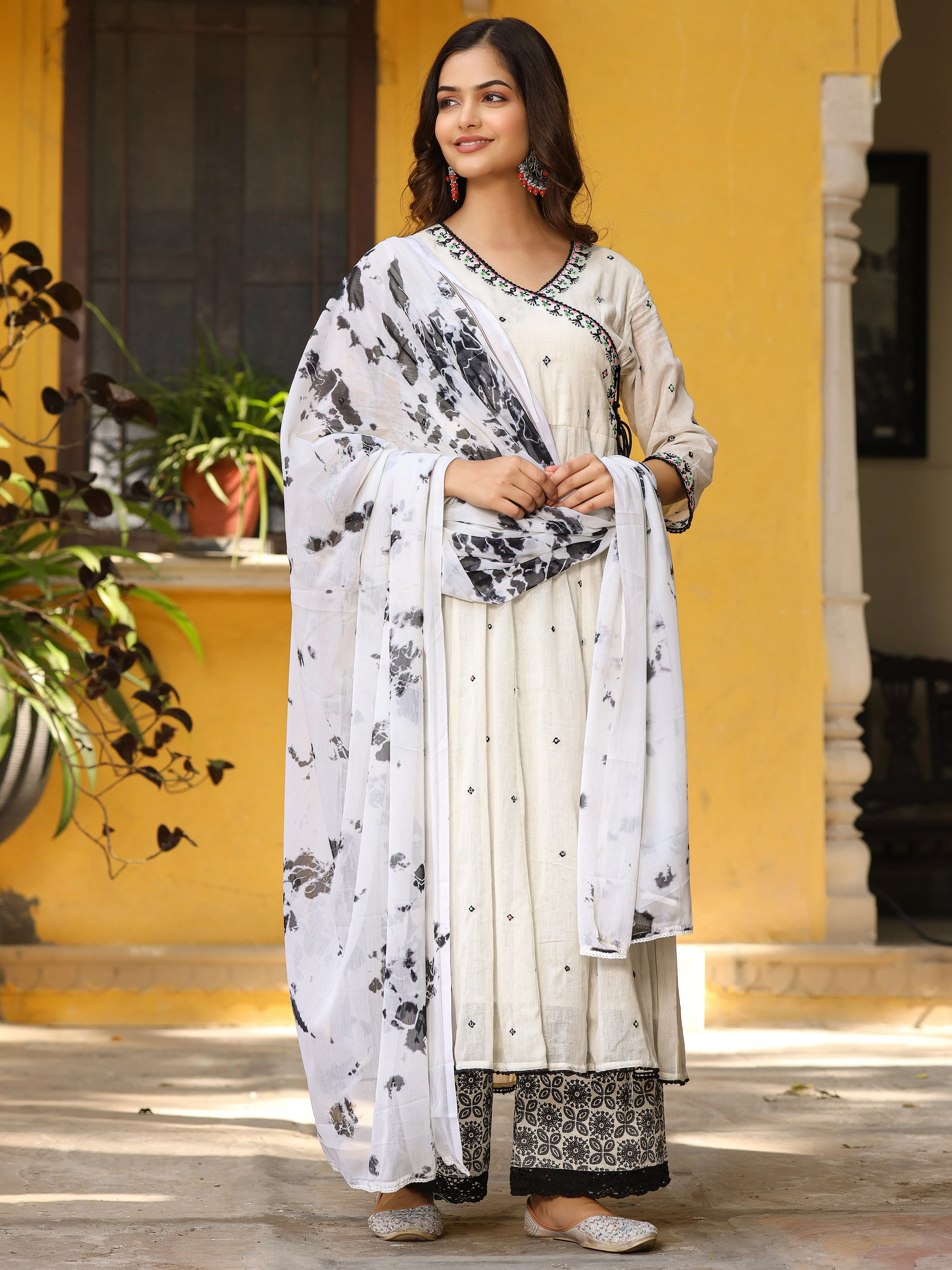 Juniper Off-White & Black Pure Cotton Angrakha Kurta Palazzo & Dupatta With Thread & Mirror Work