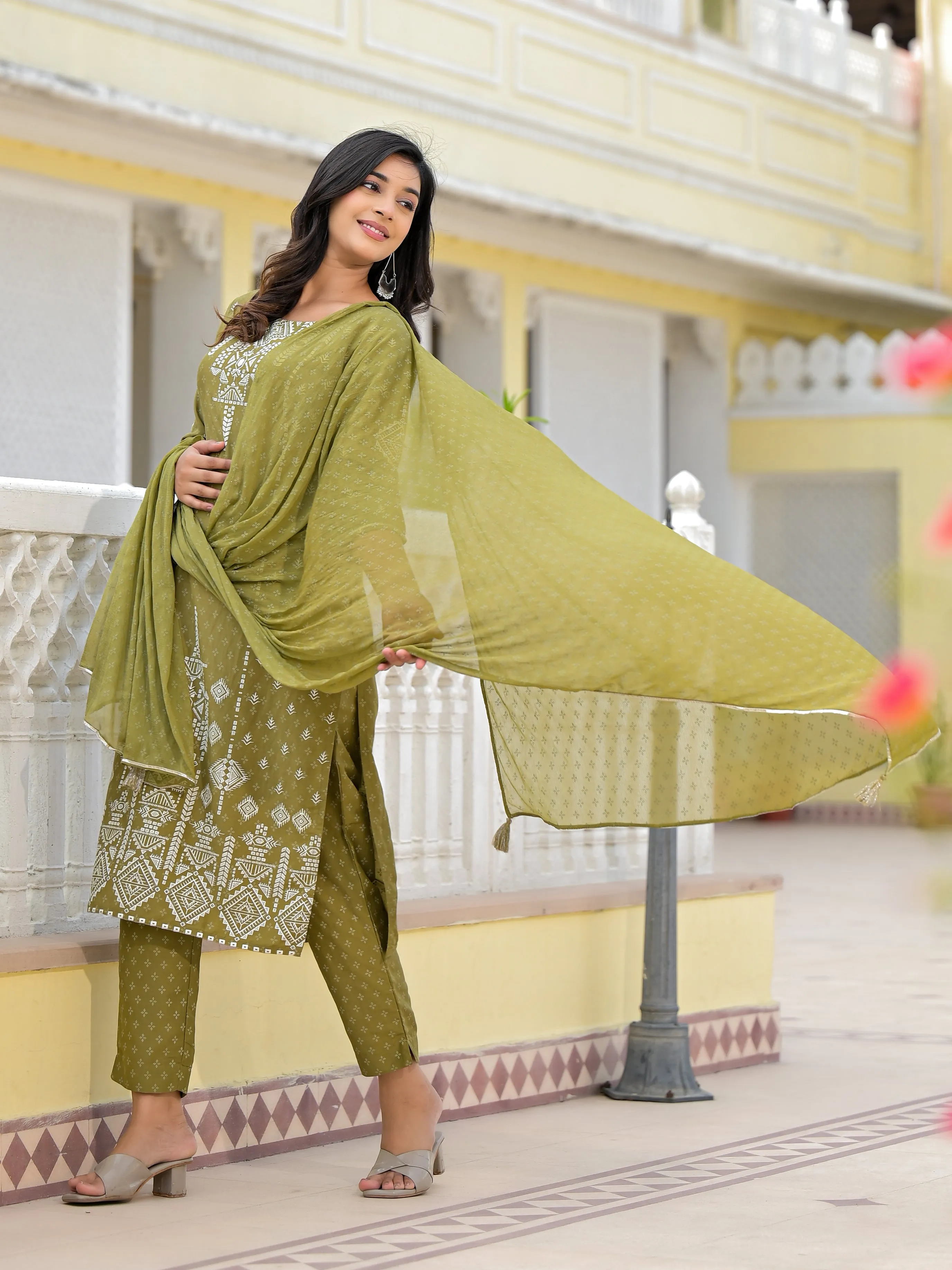 Juniper Olive Green Ethnic Motif Printed Viscose Kurta, Pant And Dupatta Set With Gota Patti Work