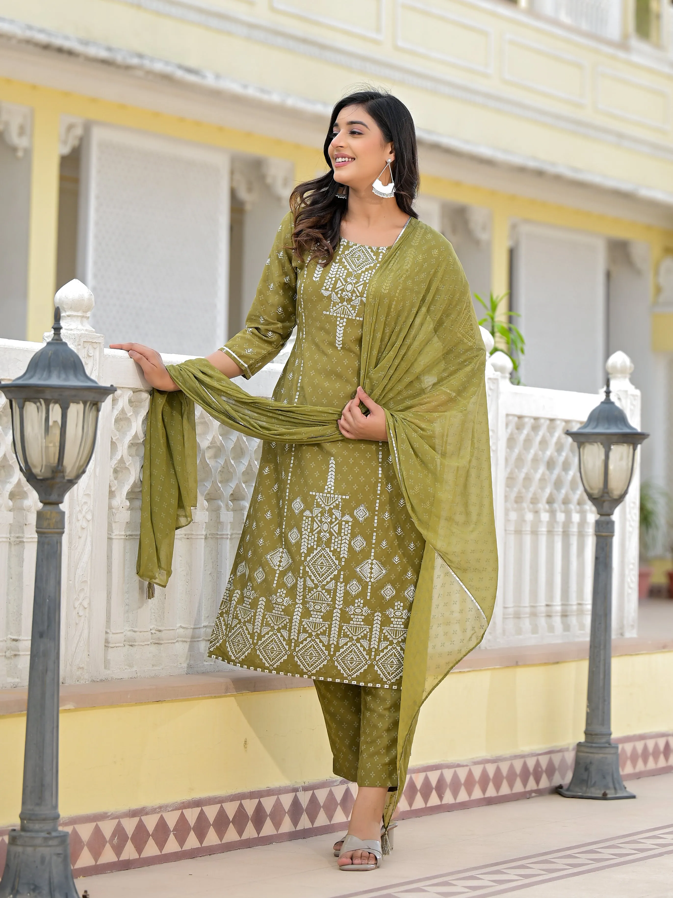 Juniper Olive Green Ethnic Motif Printed Viscose Kurta, Pant And Dupatta Set With Gota Patti Work