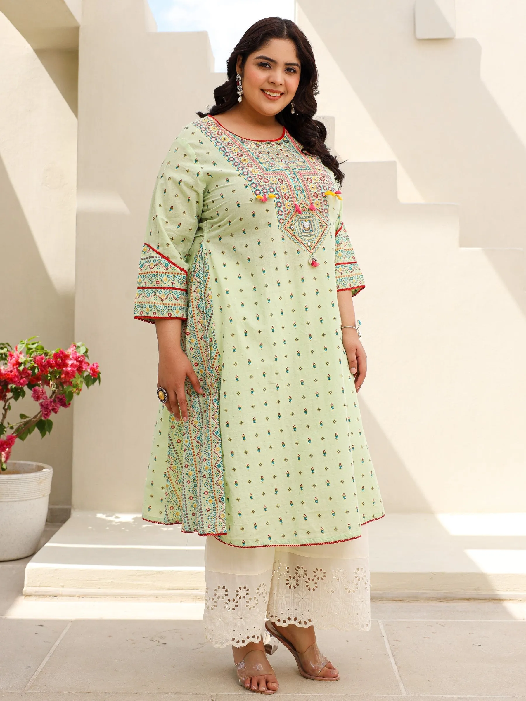 Juniper Pure Cotton Sage Green Tribal Multicolour Printed Plus Size A-Line Kurta With Contrast Beads Sequins Kaudis & Tassels