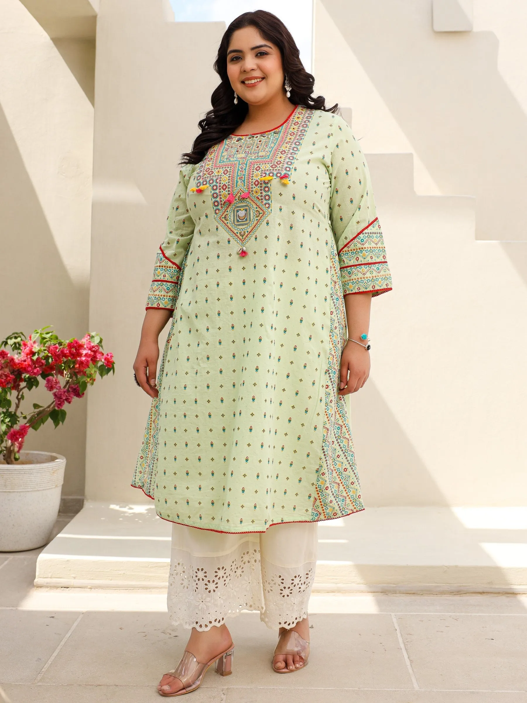 Juniper Pure Cotton Sage Green Tribal Multicolour Printed Plus Size A-Line Kurta With Contrast Beads Sequins Kaudis & Tassels