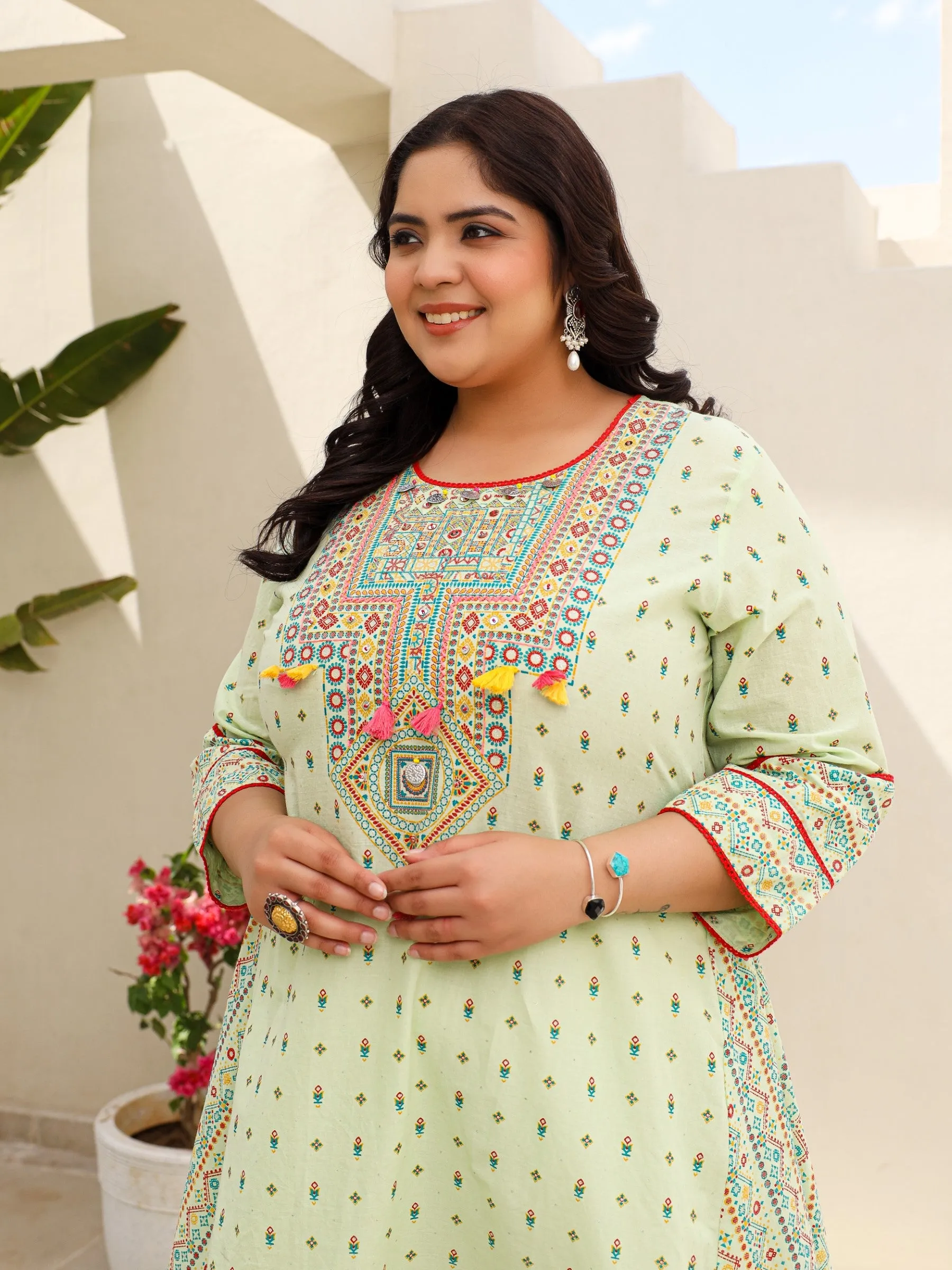 Juniper Pure Cotton Sage Green Tribal Multicolour Printed Plus Size A-Line Kurta With Contrast Beads Sequins Kaudis & Tassels