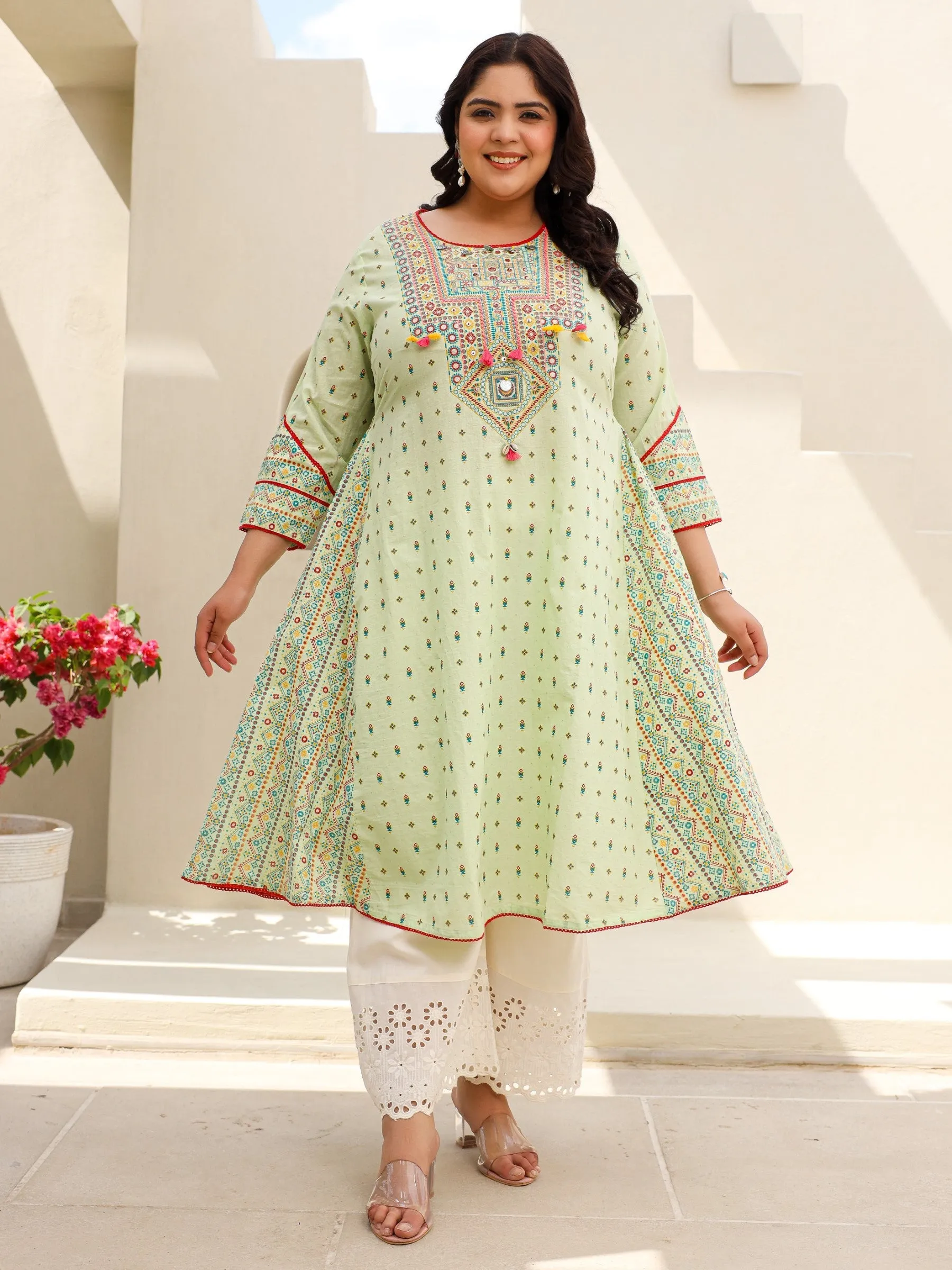 Juniper Pure Cotton Sage Green Tribal Multicolour Printed Plus Size A-Line Kurta With Contrast Beads Sequins Kaudis & Tassels