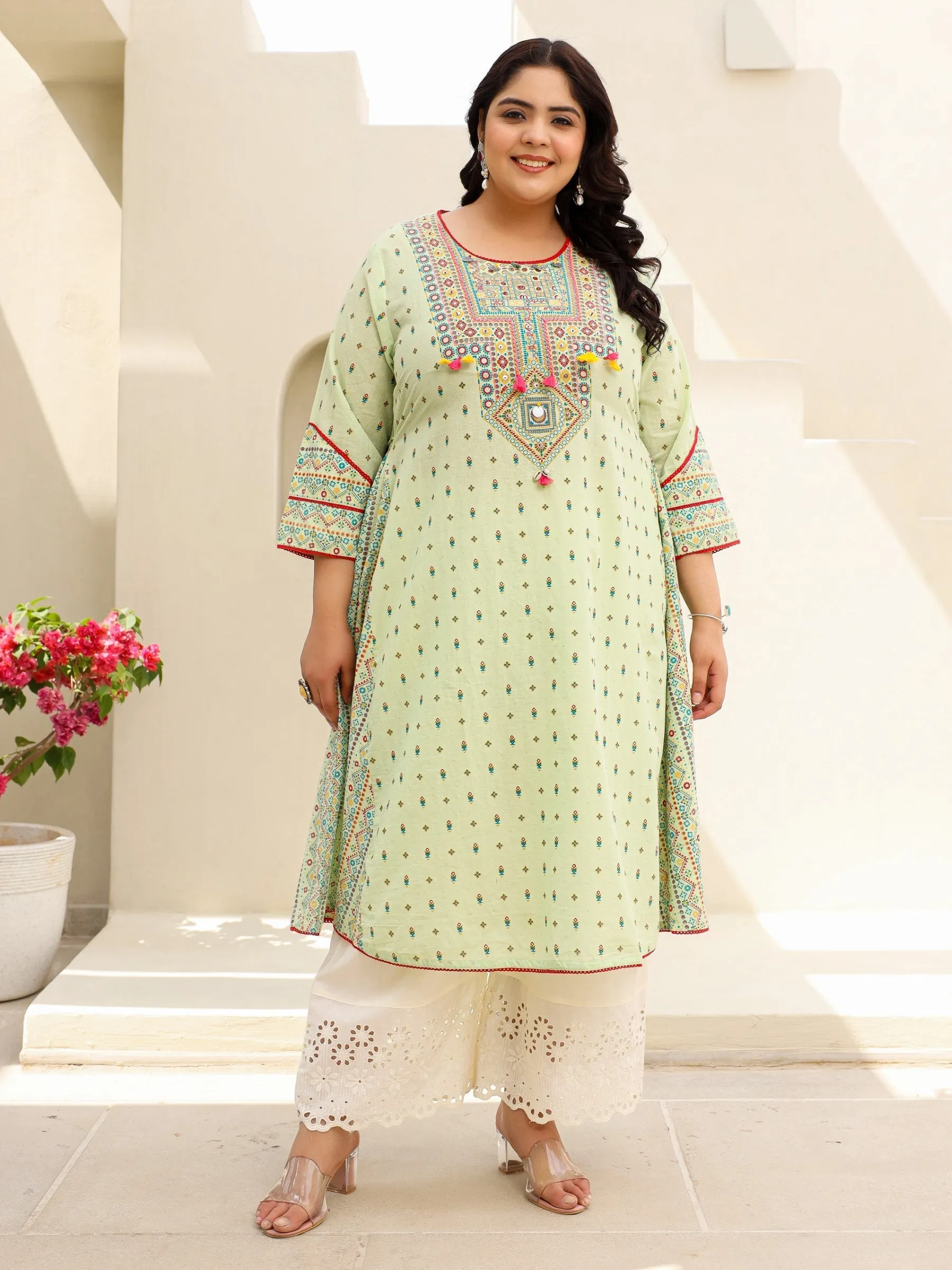 Juniper Pure Cotton Sage Green Tribal Multicolour Printed Plus Size A-Line Kurta With Contrast Beads Sequins Kaudis & Tassels