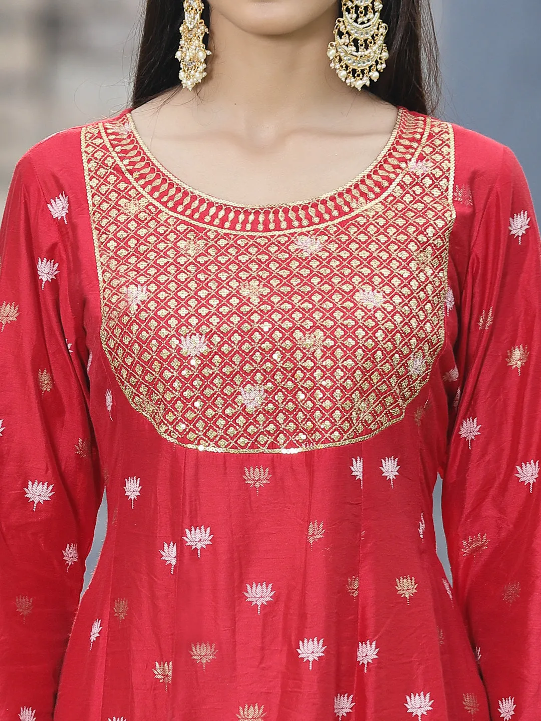 Juniper Red Ethnic Motif Printed Rayon Anarkali Kurta With Zari Work Embroidery