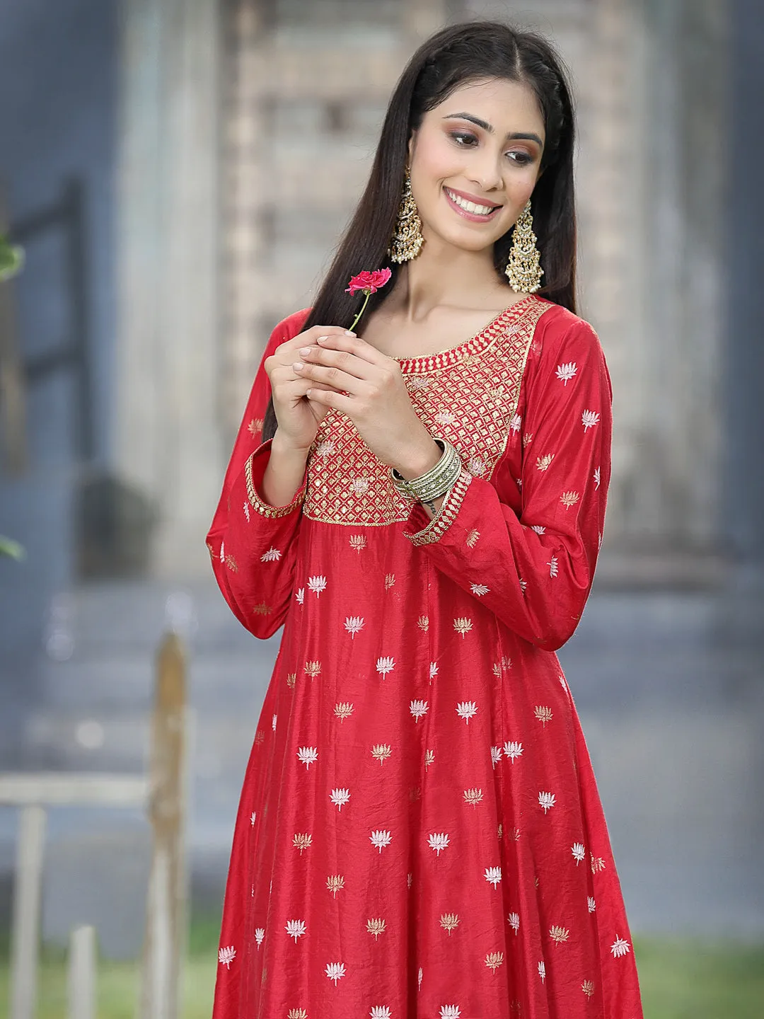 Juniper Red Ethnic Motif Printed Rayon Anarkali Kurta With Zari Work Embroidery