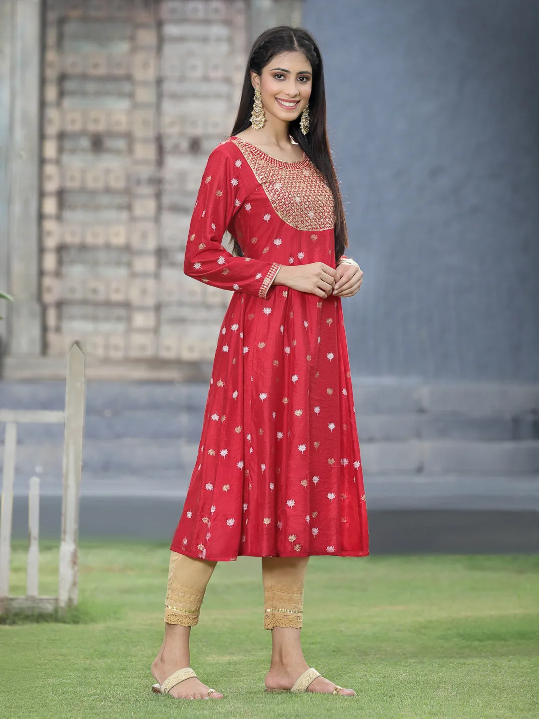 Juniper Red Ethnic Motif Printed Rayon Anarkali Kurta With Zari Work Embroidery