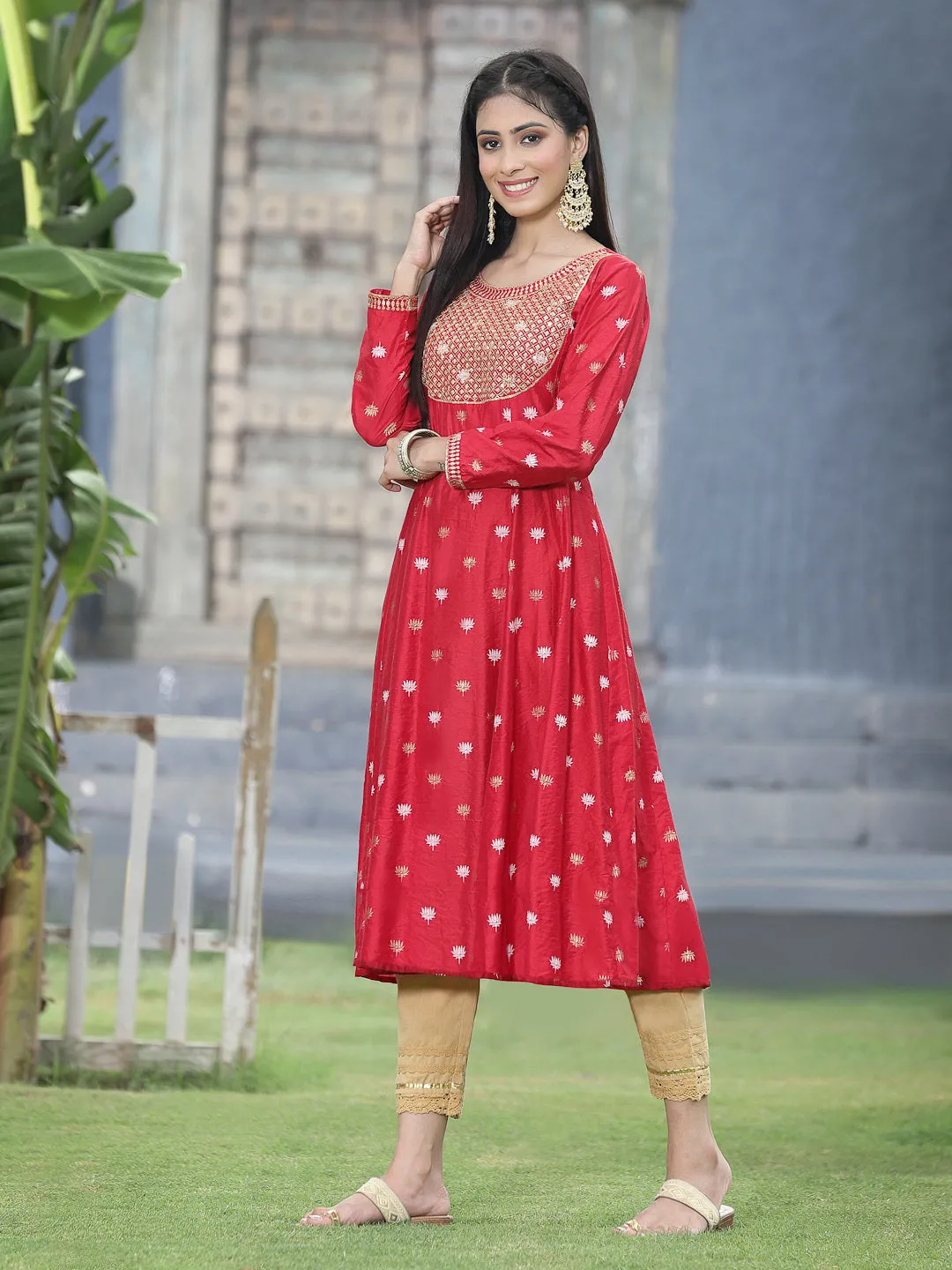 Juniper Red Ethnic Motif Printed Rayon Anarkali Kurta With Zari Work Embroidery