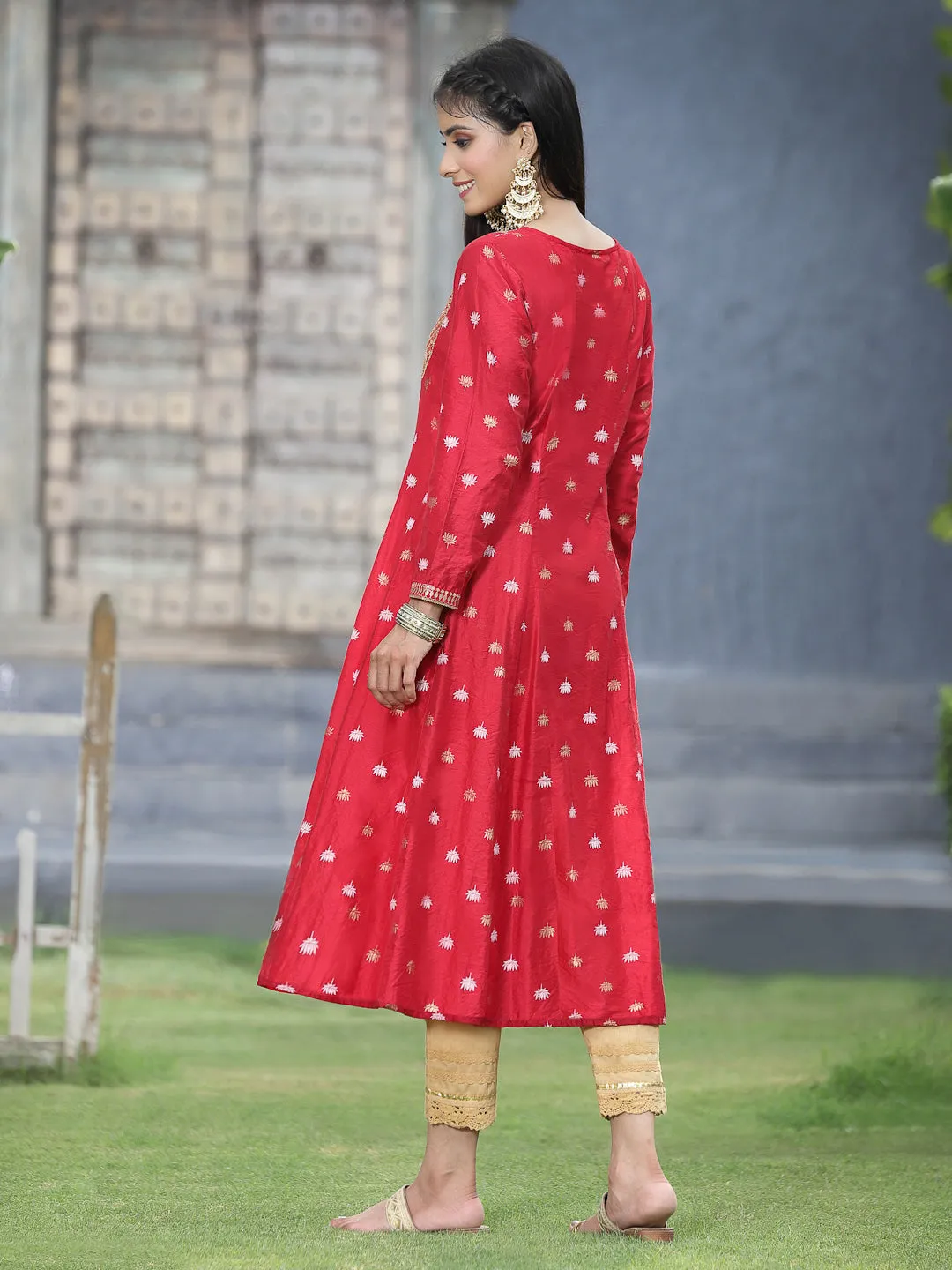 Juniper Red Ethnic Motif Printed Rayon Anarkali Kurta With Zari Work Embroidery