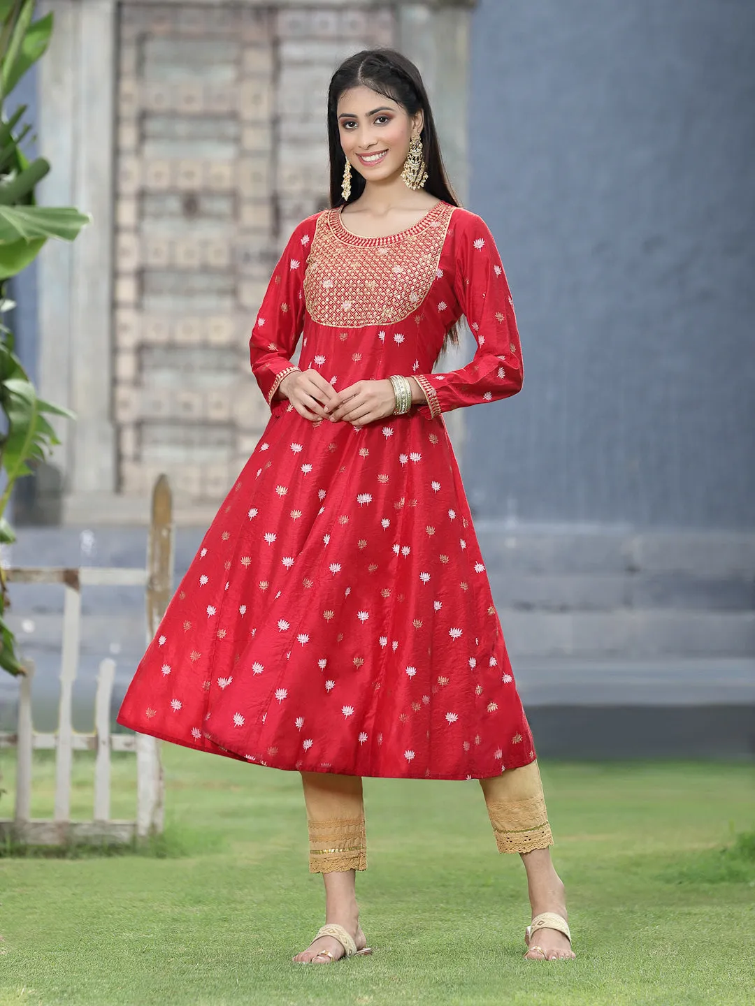 Juniper Red Ethnic Motif Printed Rayon Anarkali Kurta With Zari Work Embroidery