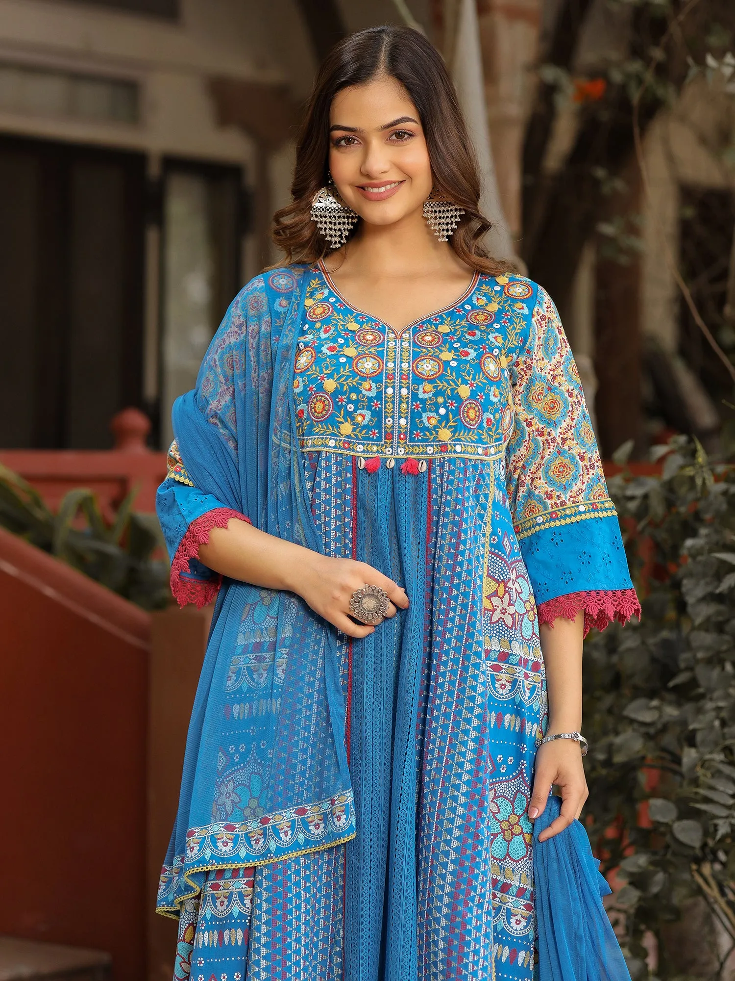 Juniper Sujani Blue Cotton & Net Floral Printed & Embroidered Panelled Kurta With Pants And Dupatta Set