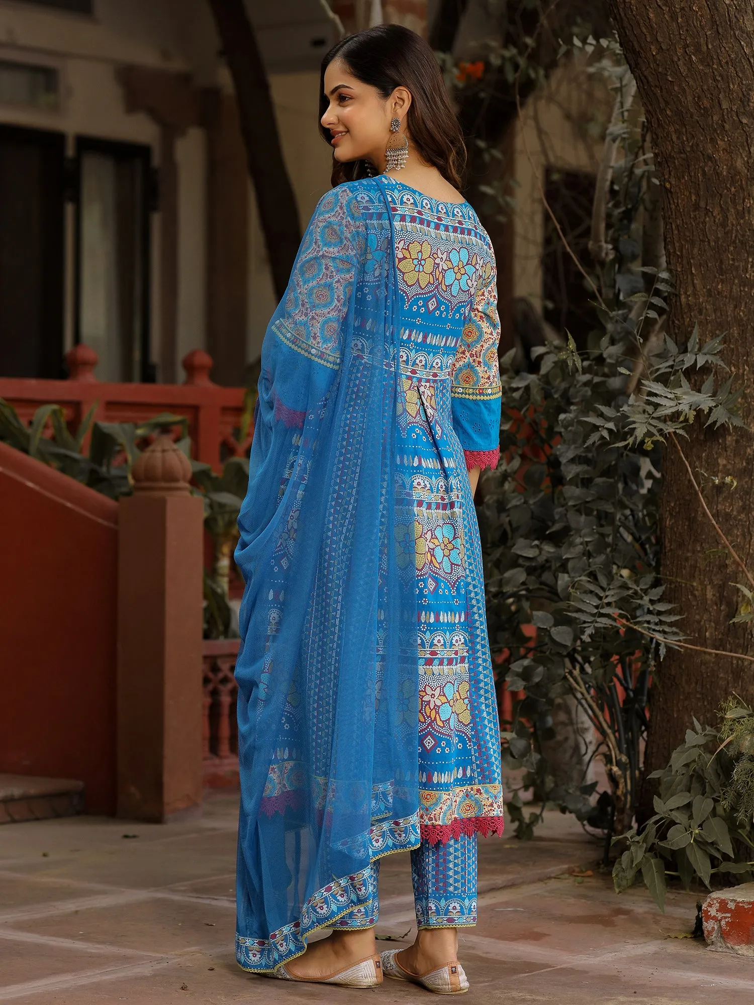 Juniper Sujani Blue Cotton & Net Floral Printed & Embroidered Panelled Kurta With Pants And Dupatta Set