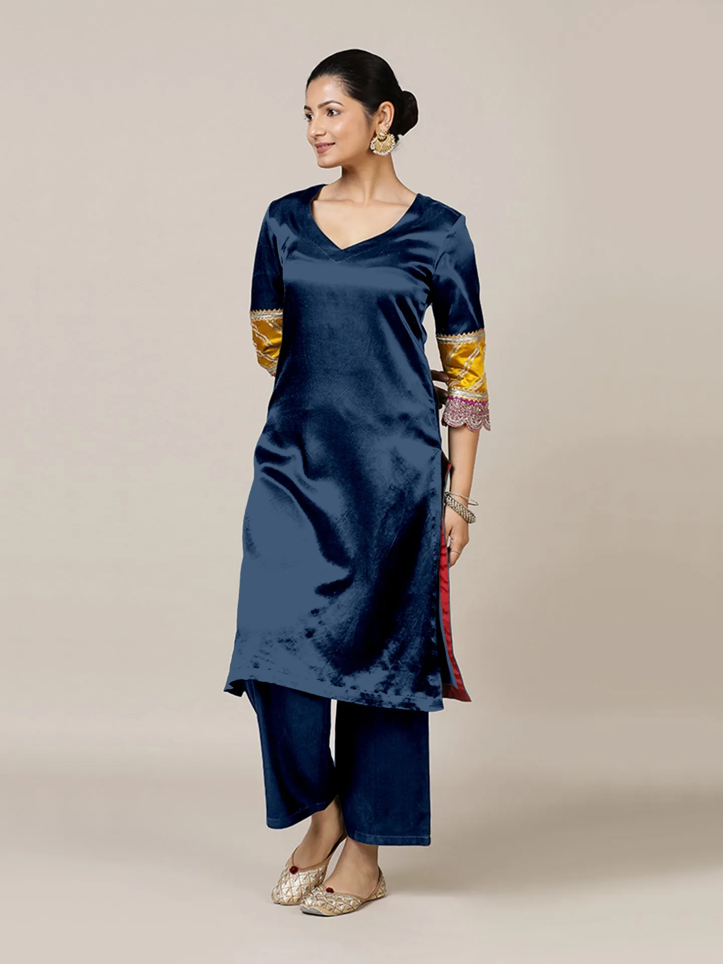 Kainaat x Tyohaar | Midnight Blue Mashru Silk A-Line Kurta with Embroidered Sleeves | Coords or Only Kurta