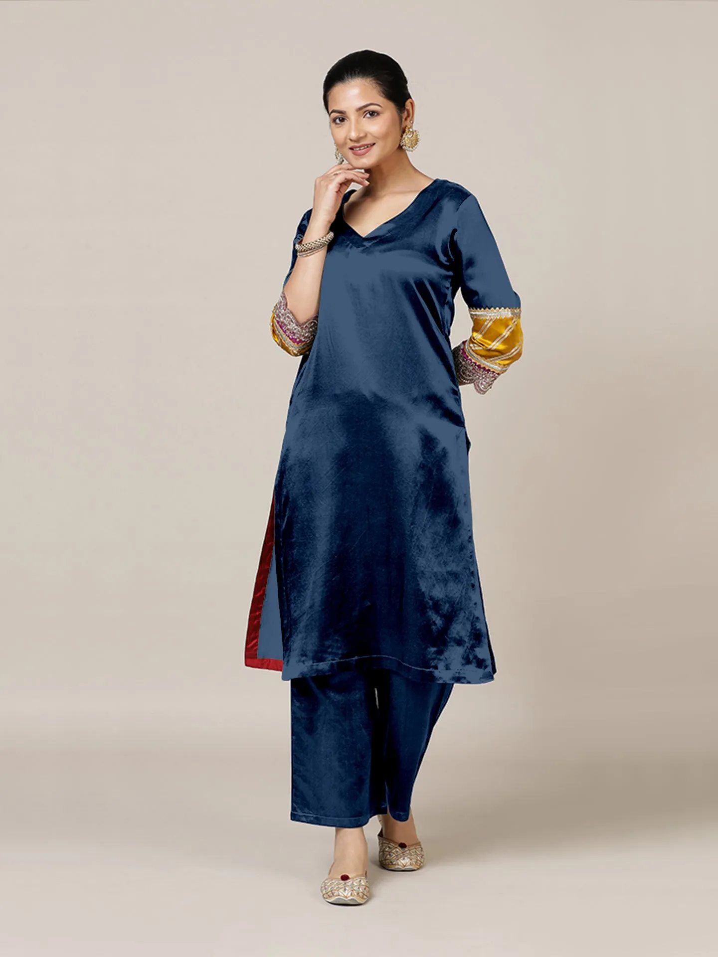 Kainaat x Tyohaar | Midnight Blue Mashru Silk A-Line Kurta with Embroidered Sleeves | Coords or Only Kurta