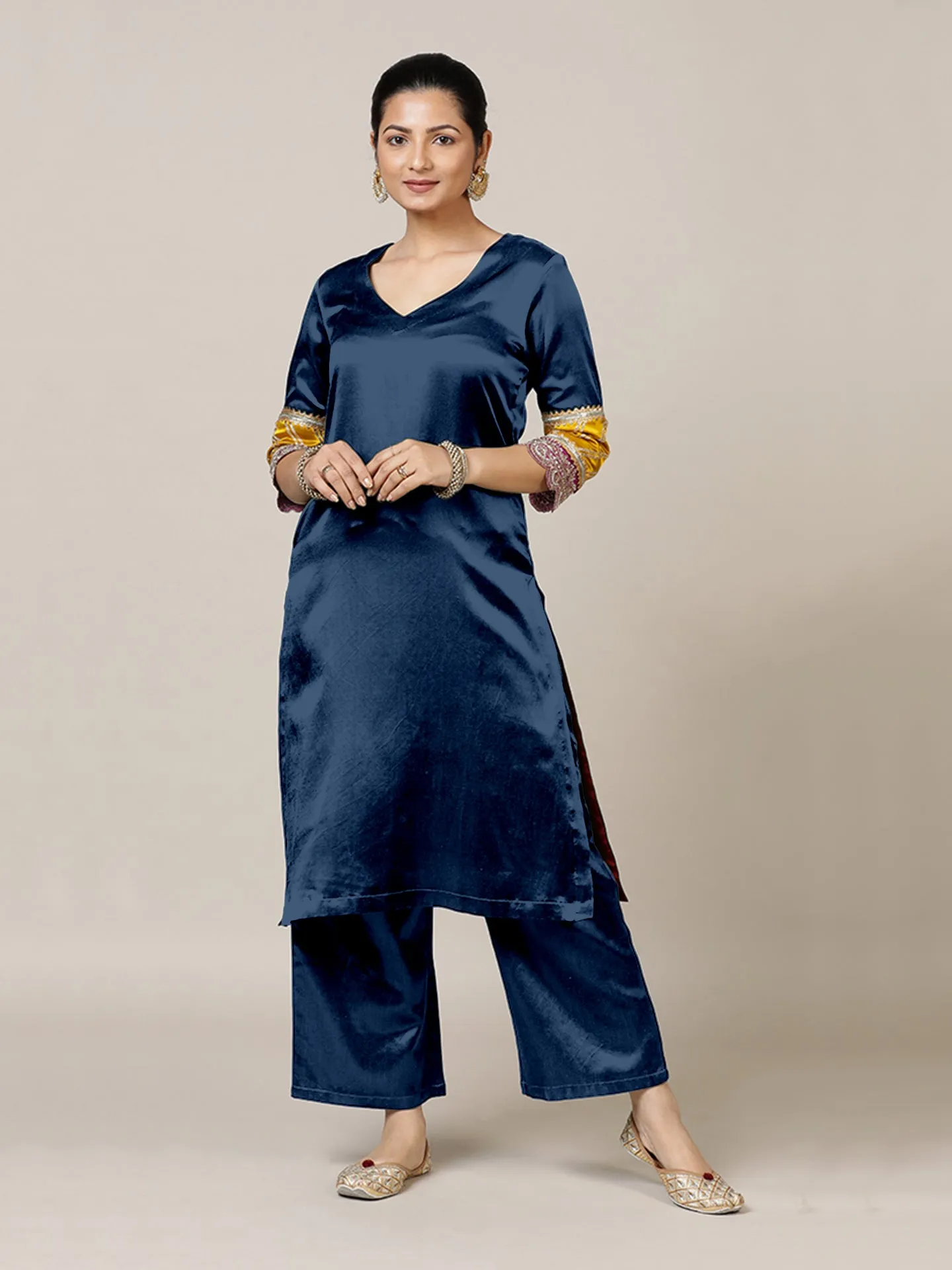 Kainaat x Tyohaar | Midnight Blue Mashru Silk A-Line Kurta with Embroidered Sleeves | Coords or Only Kurta