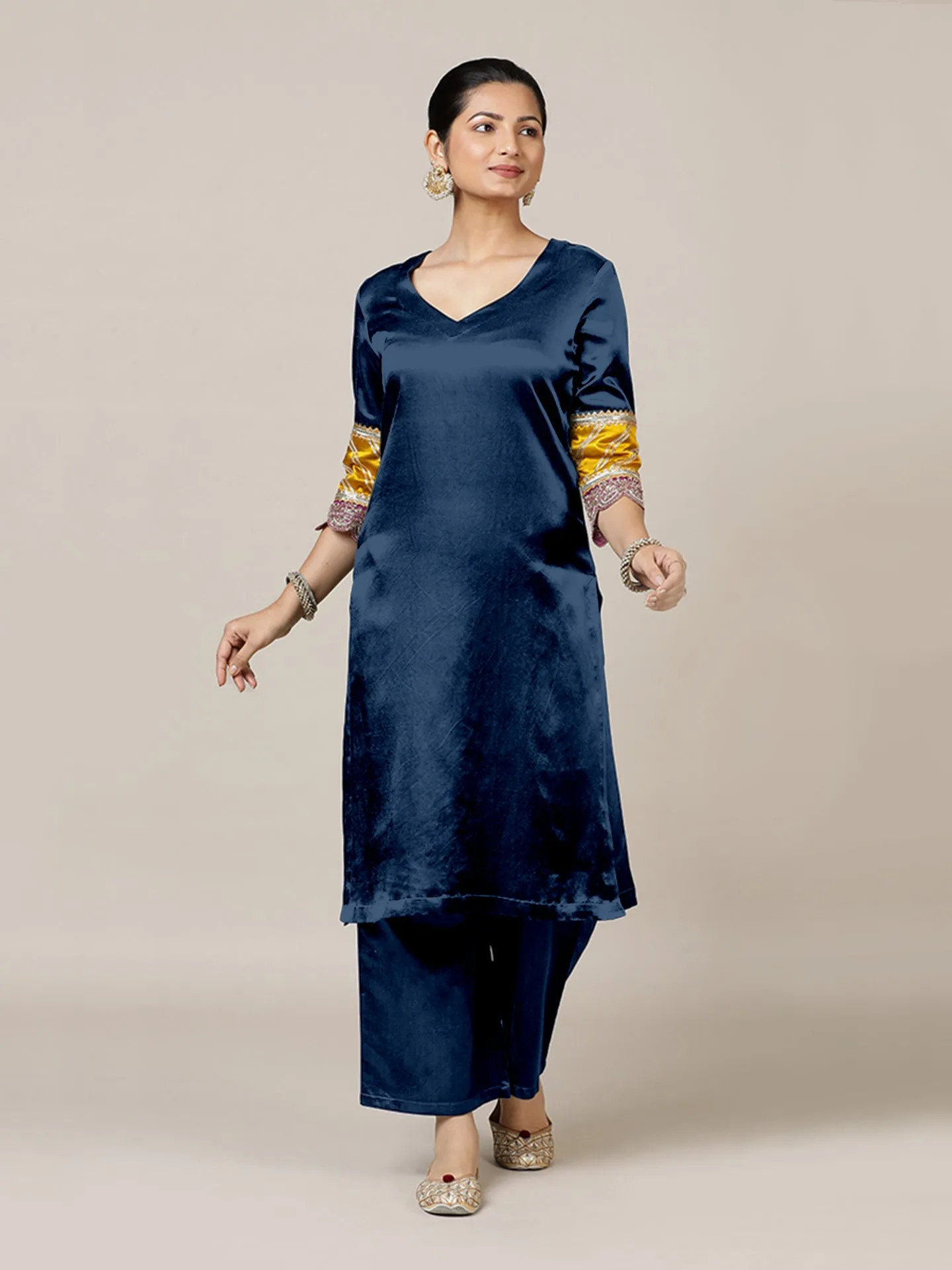 Kainaat x Tyohaar | Midnight Blue Mashru Silk A-Line Kurta with Embroidered Sleeves | Coords or Only Kurta