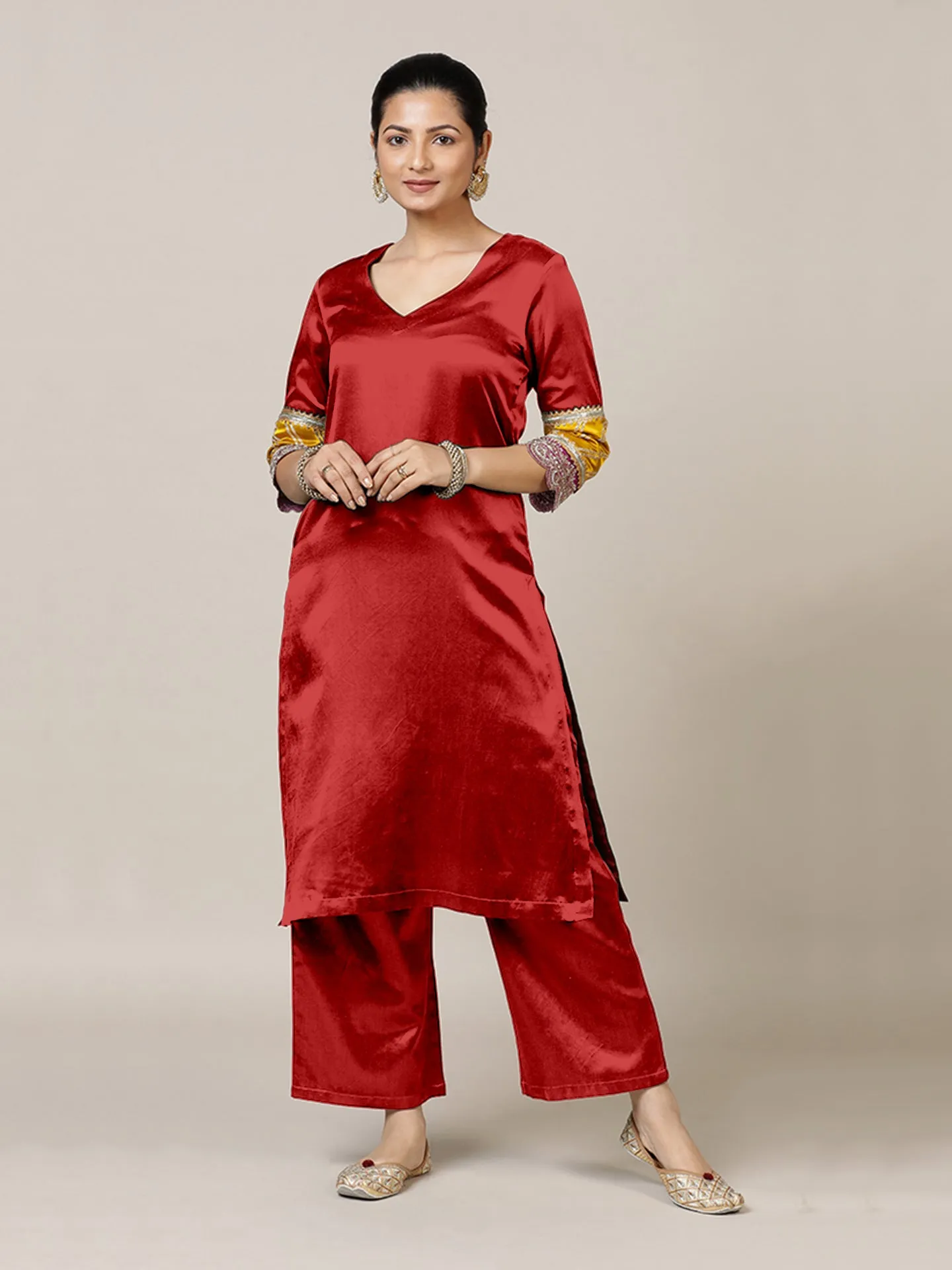 Kainaat x Tyohaar | Ruby Red Mashru Silk A-Line Kurta with Embroidered Sleeves | Coords or Only Kurta