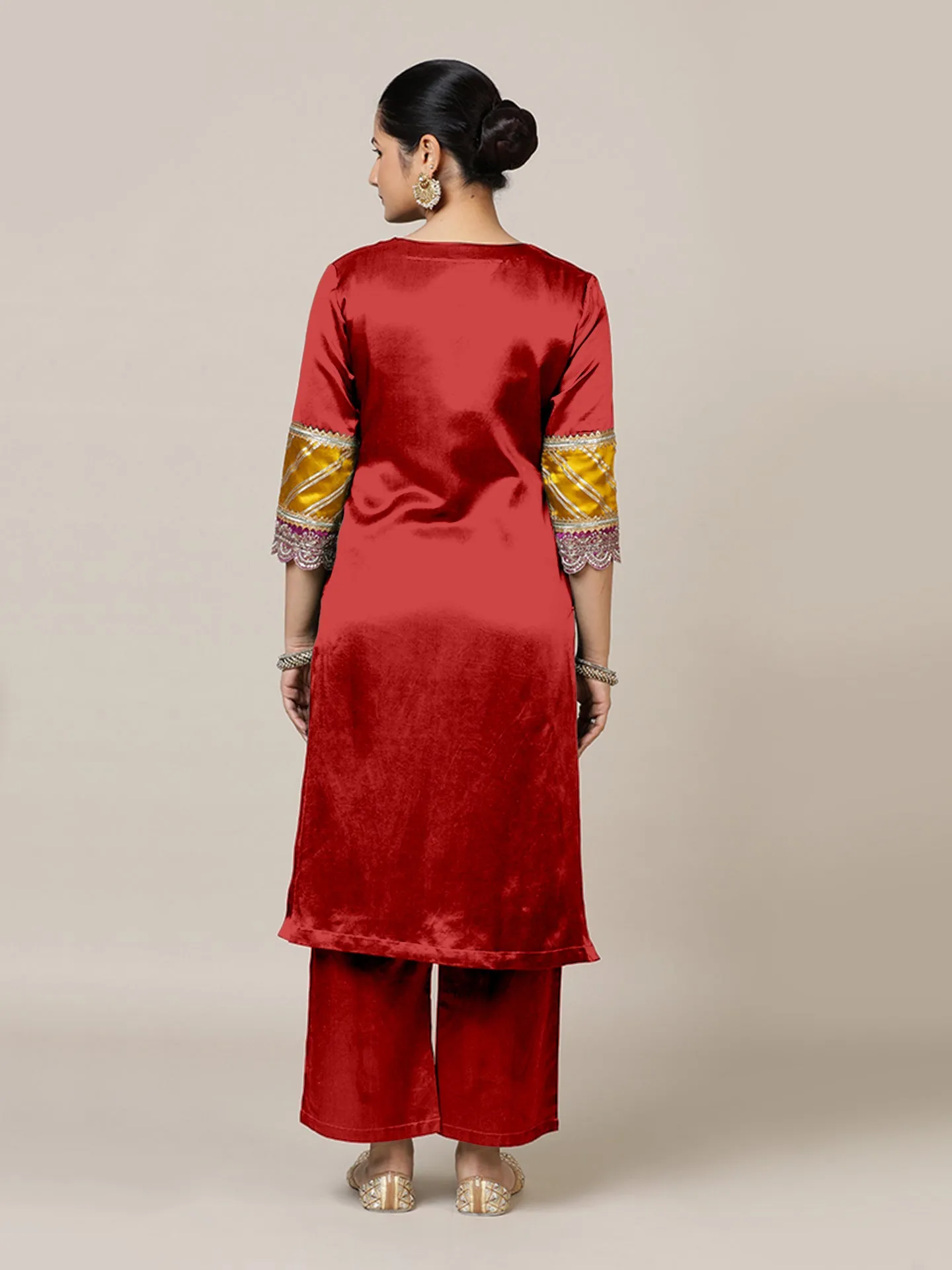 Kainaat x Tyohaar | Ruby Red Mashru Silk A-Line Kurta with Embroidered Sleeves | Coords or Only Kurta