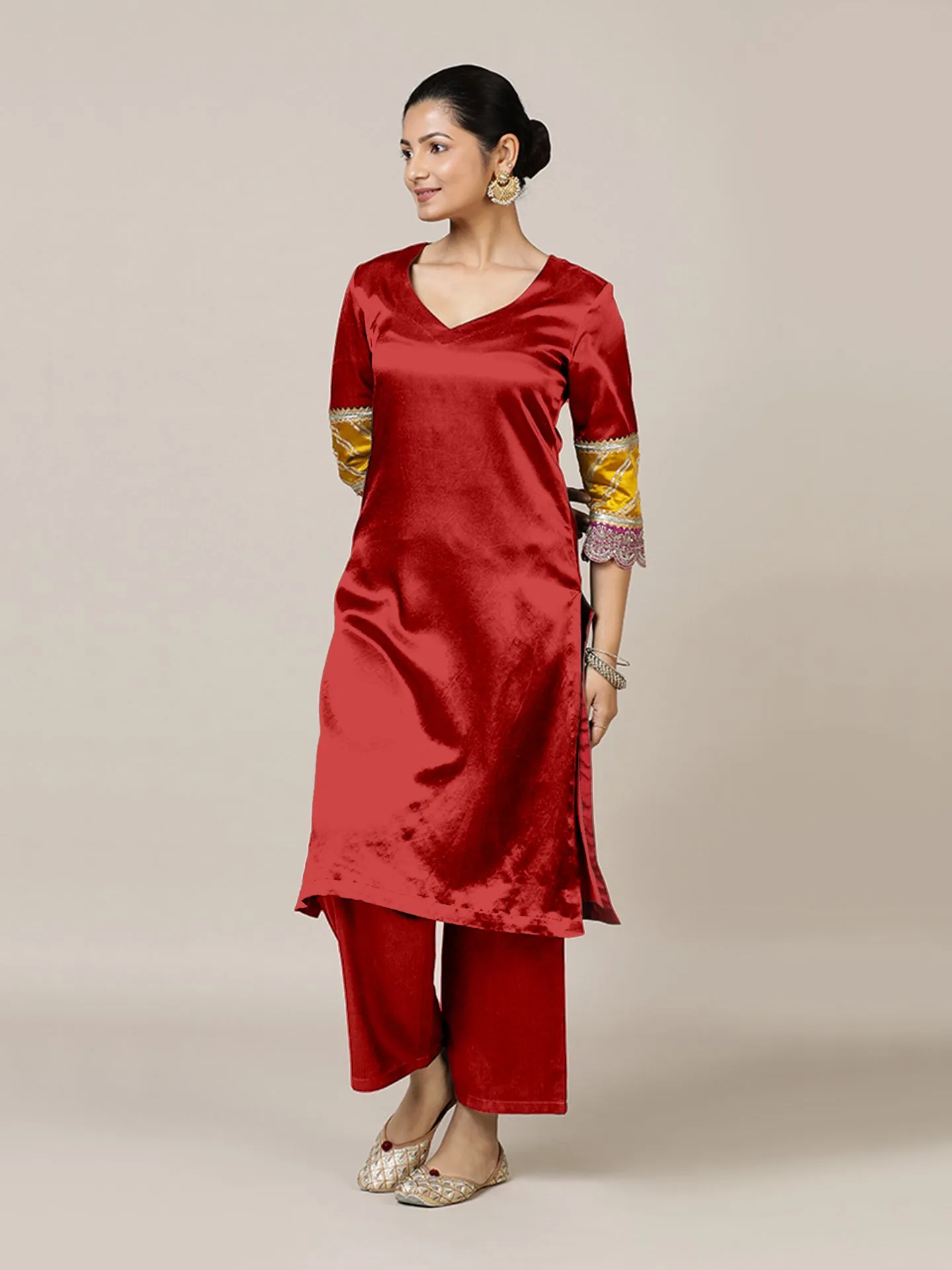 Kainaat x Tyohaar | Ruby Red Mashru Silk A-Line Kurta with Embroidered Sleeves | Coords or Only Kurta