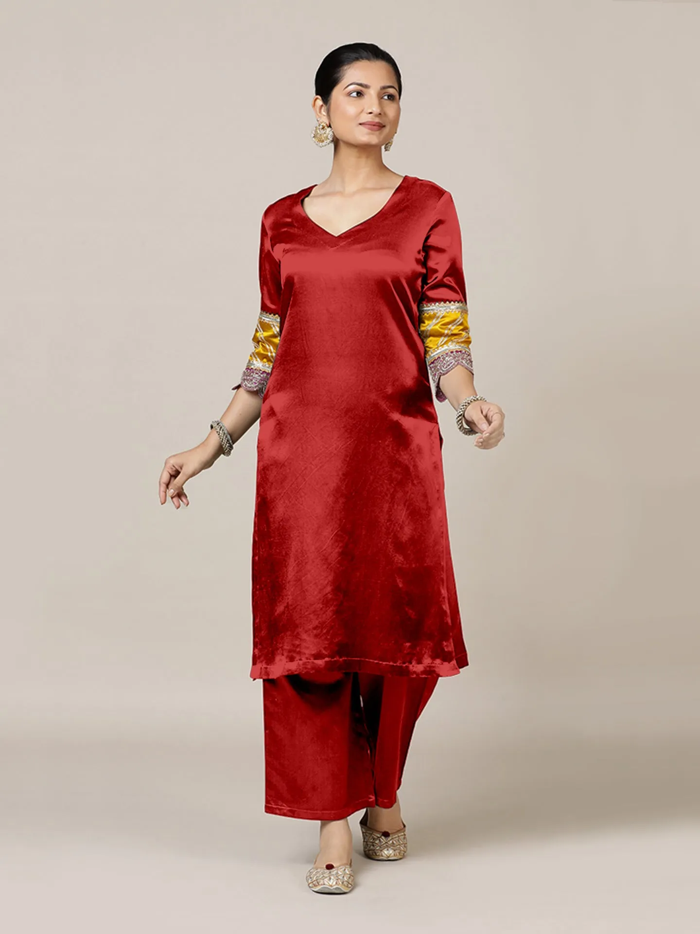 Kainaat x Tyohaar | Ruby Red Mashru Silk A-Line Kurta with Embroidered Sleeves | Coords or Only Kurta