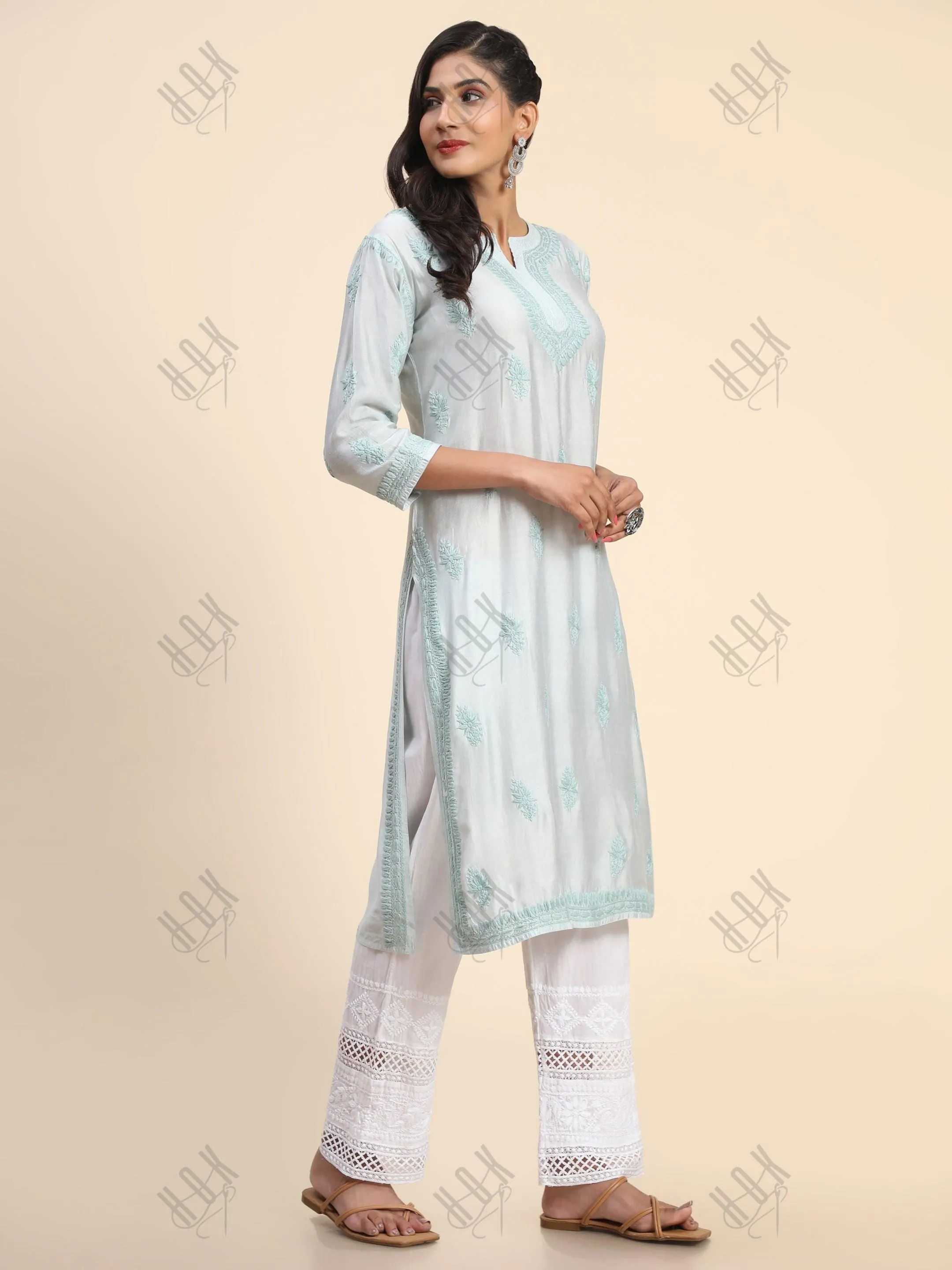 Komal in Noor HOK Hand Embroidery Chanderi Silk Turquoise Blue