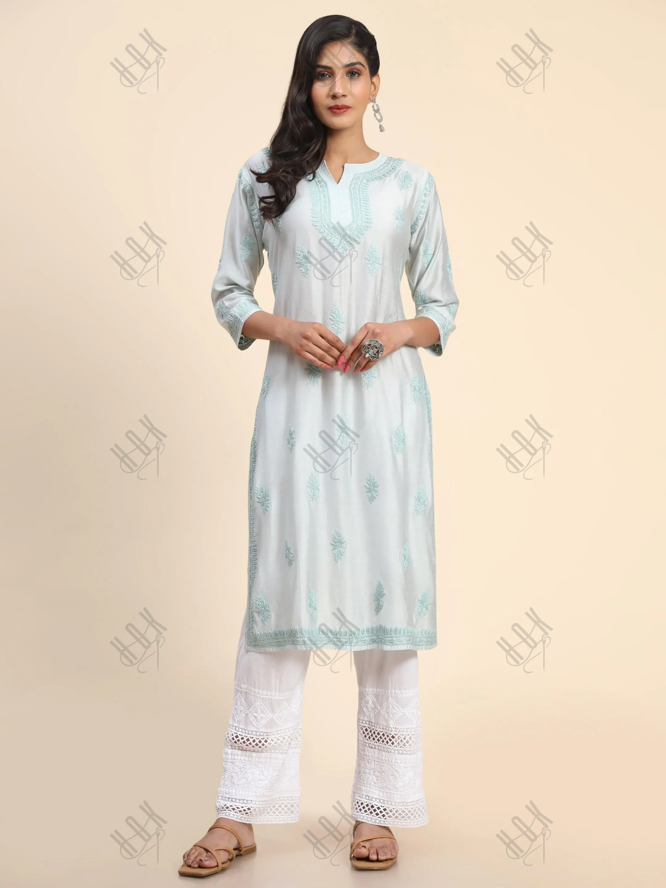 Komal in Noor HOK Hand Embroidery Chanderi Silk Turquoise Blue