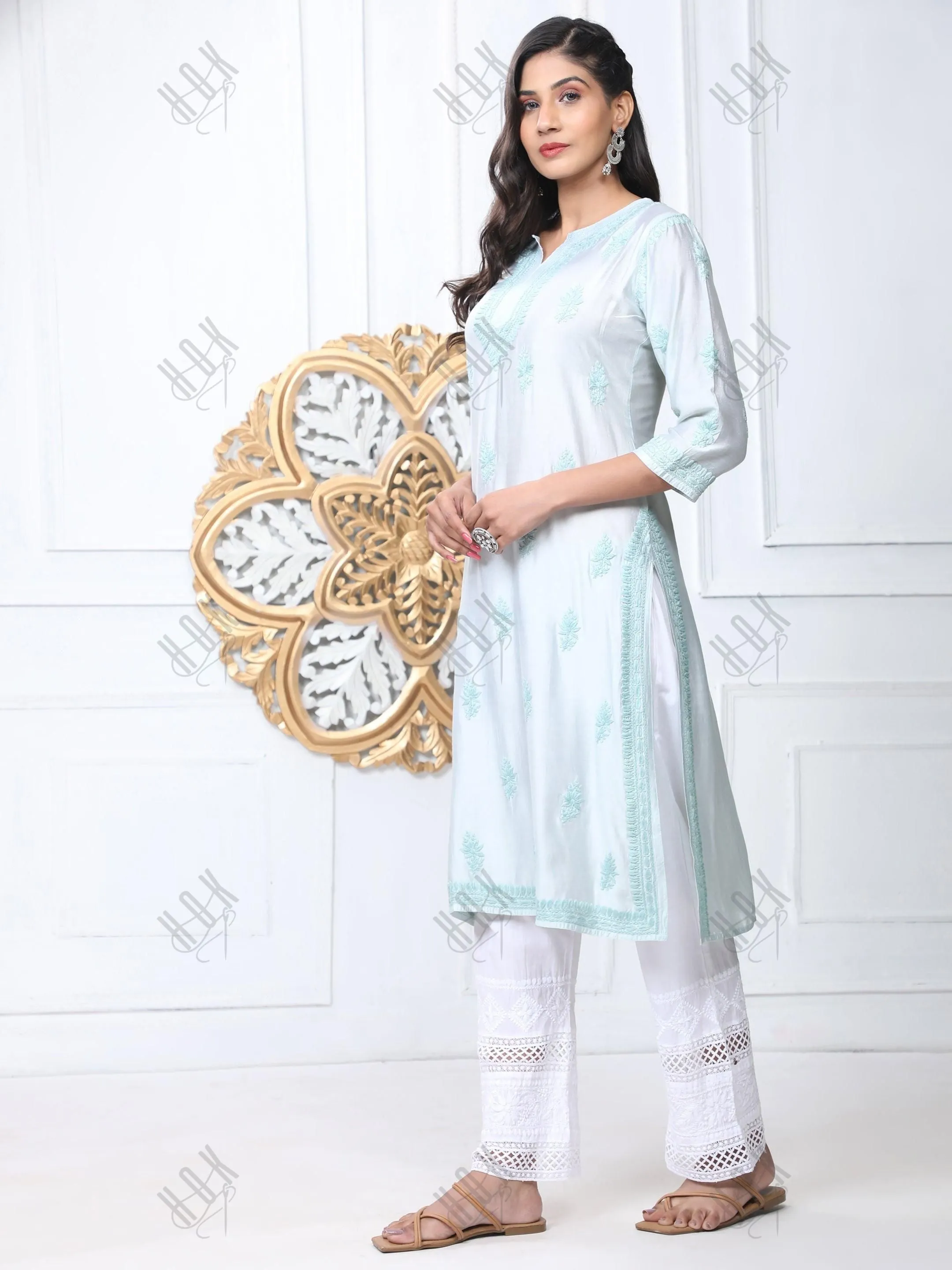 Komal in Noor HOK Hand Embroidery Chanderi Silk Turquoise Blue