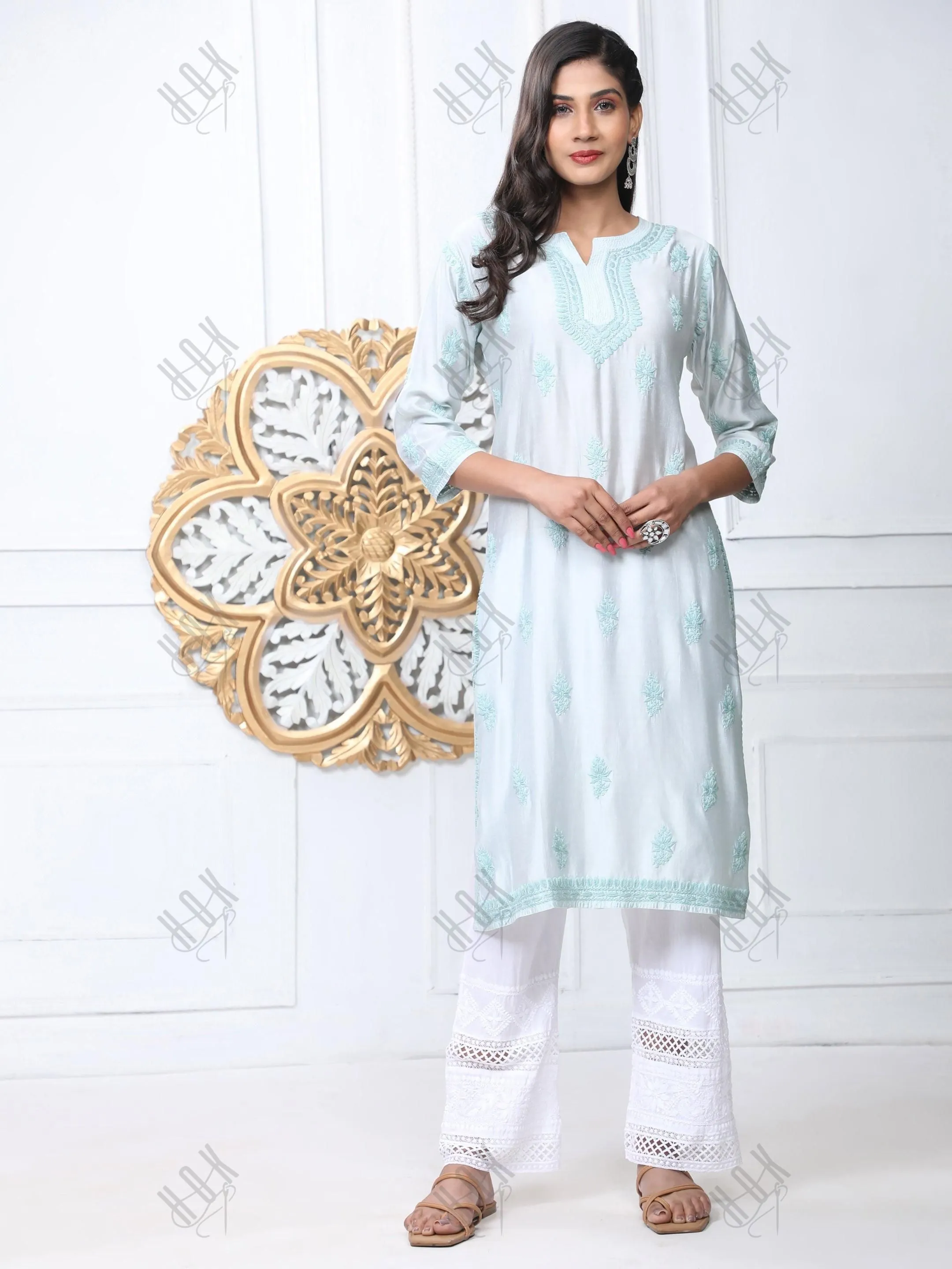 Komal in Noor HOK Hand Embroidery Chanderi Silk Turquoise Blue