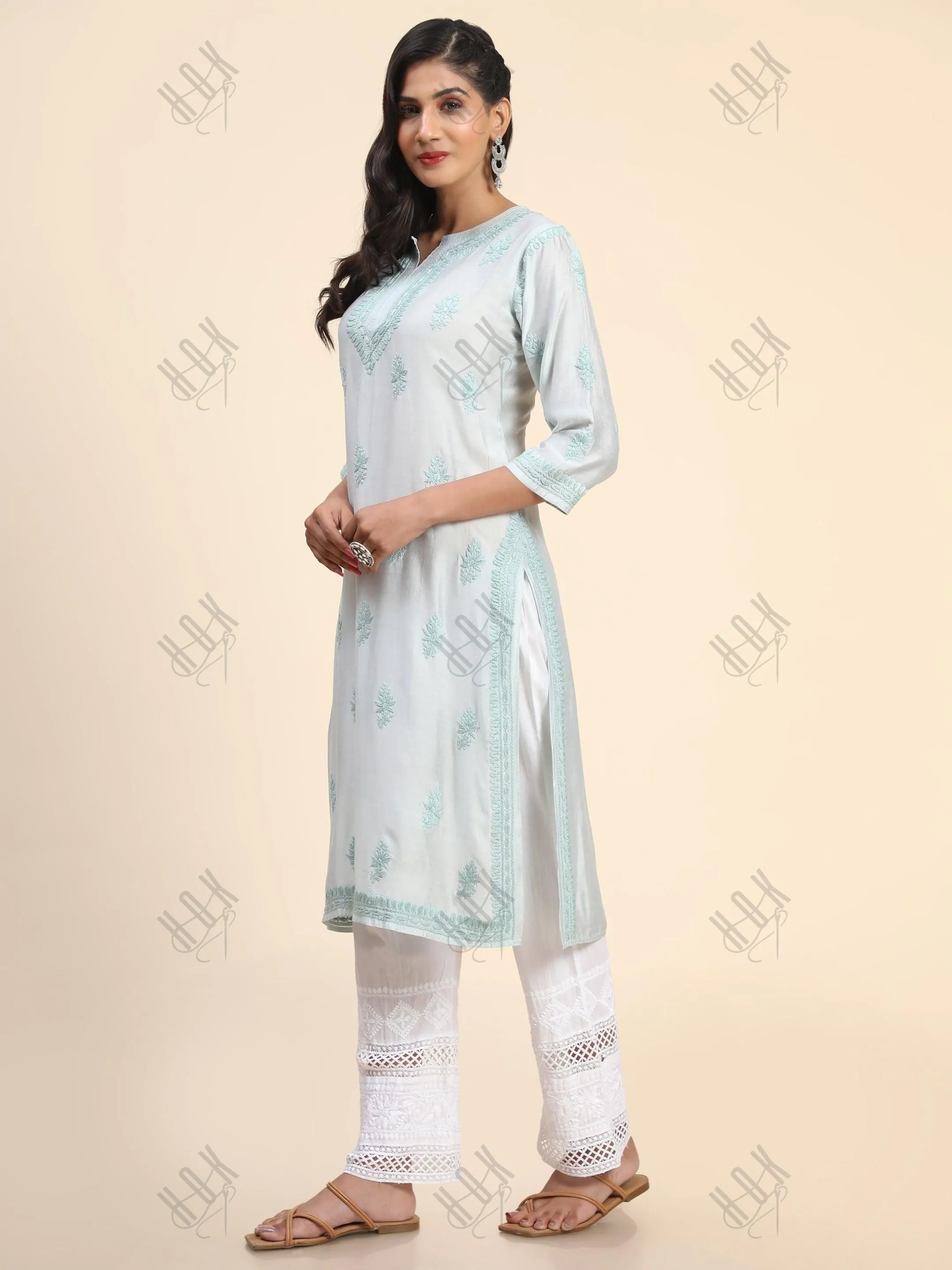 Komal in Noor HOK Hand Embroidery Chanderi Silk Turquoise Blue