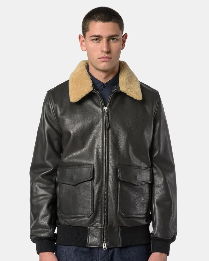 Leather Bomber with Fur Collar in Black