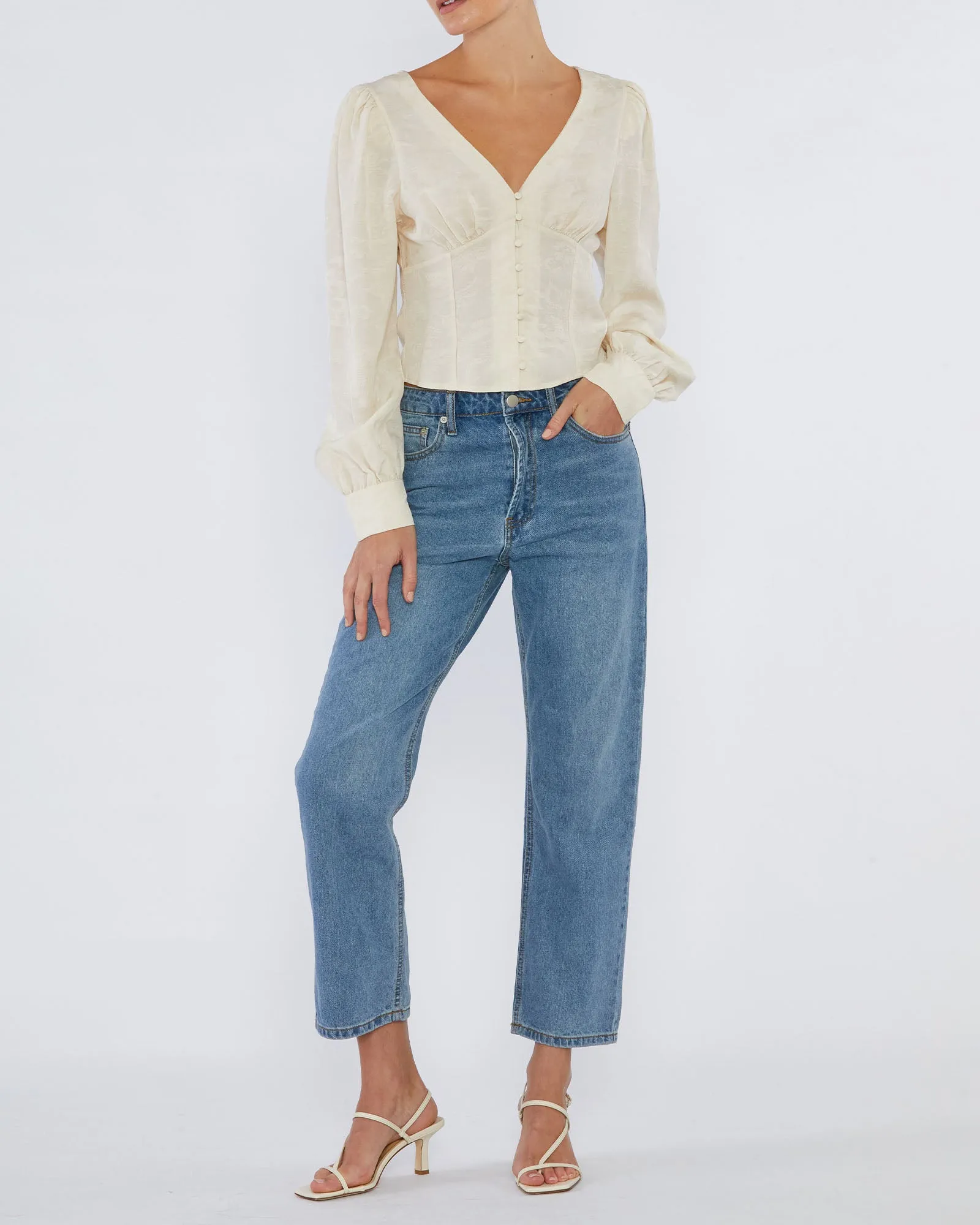 Loren Linen Jacquard V-Neck Top - Crema