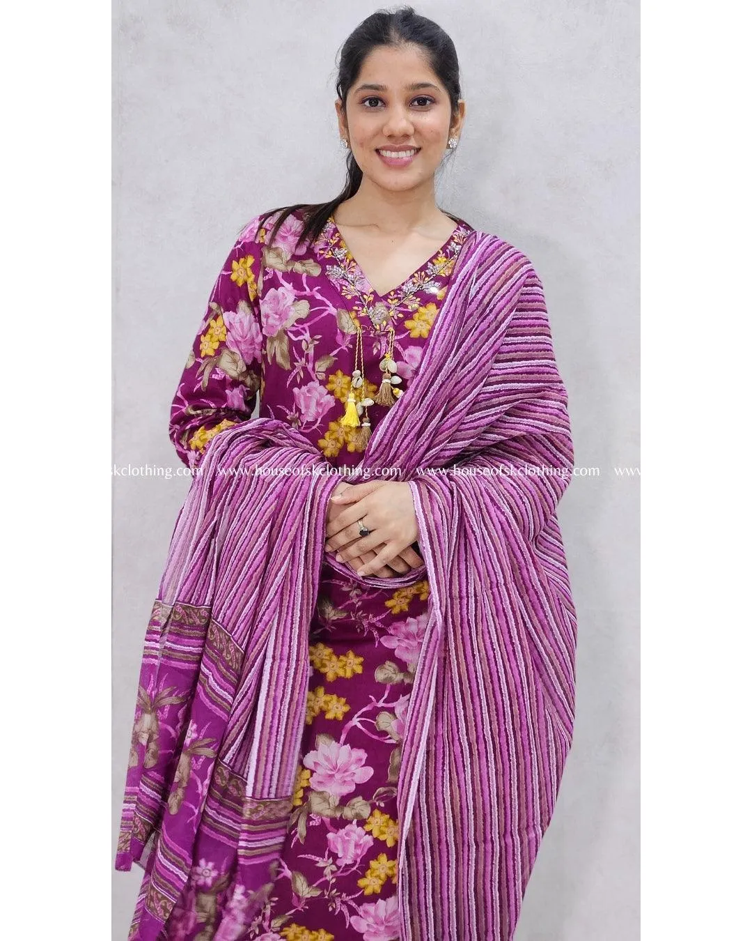 Magenta Floral Printed Cotton Kurta Set