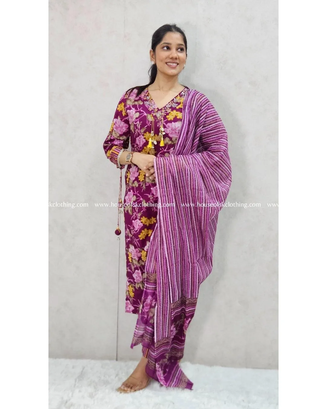 Magenta Floral Printed Cotton Kurta Set