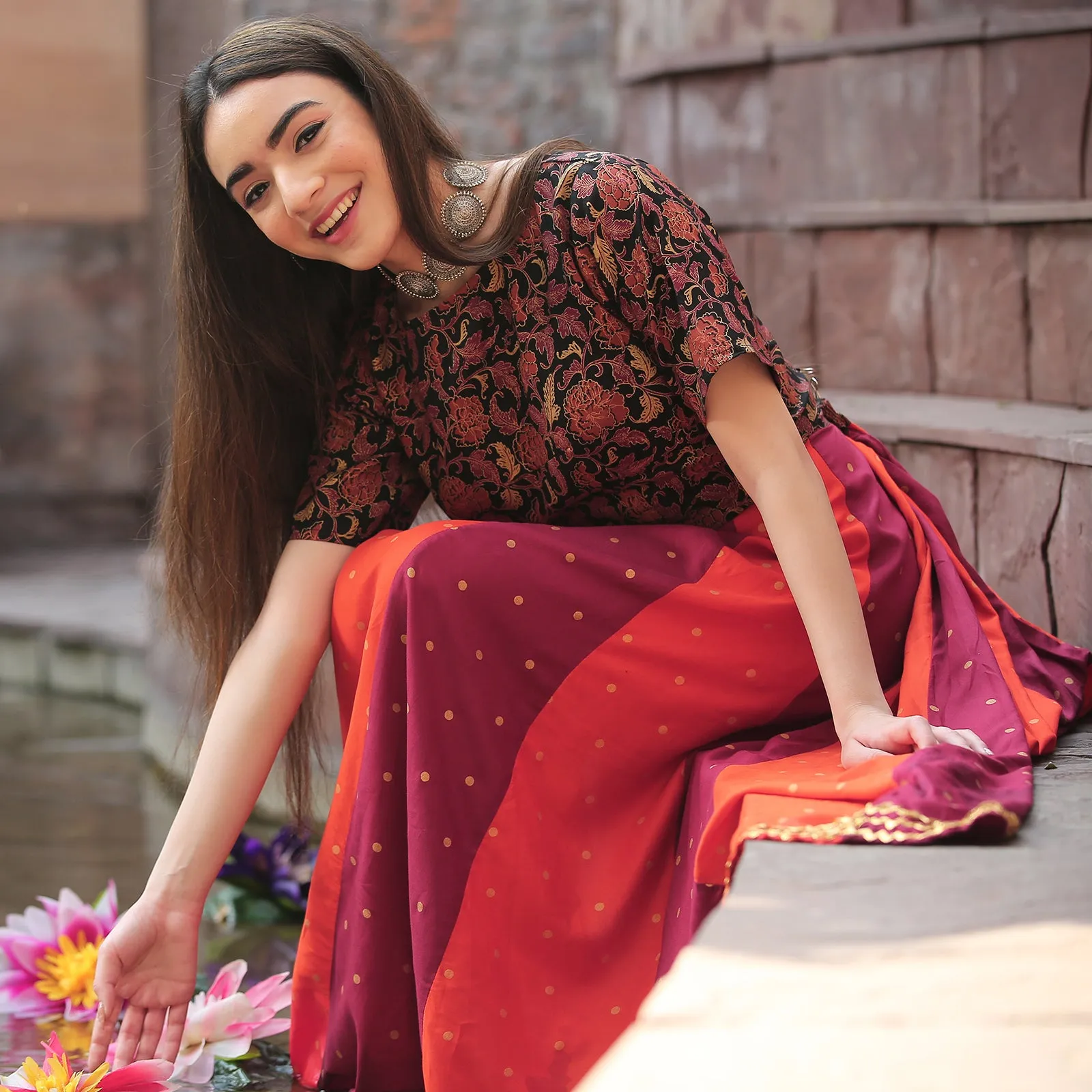 Maroon & Rust Polka & Jaal Festive Lehenga Crop Top Set