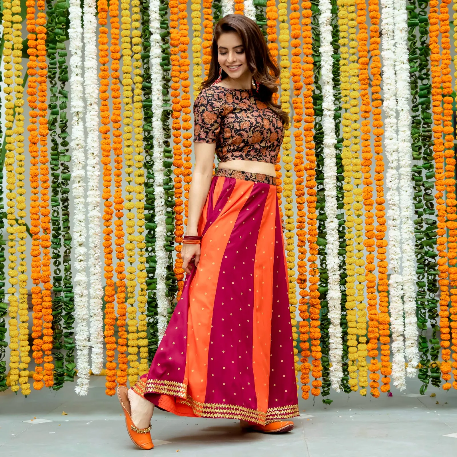 Maroon & Rust Polka & Jaal Festive Lehenga Crop Top Set