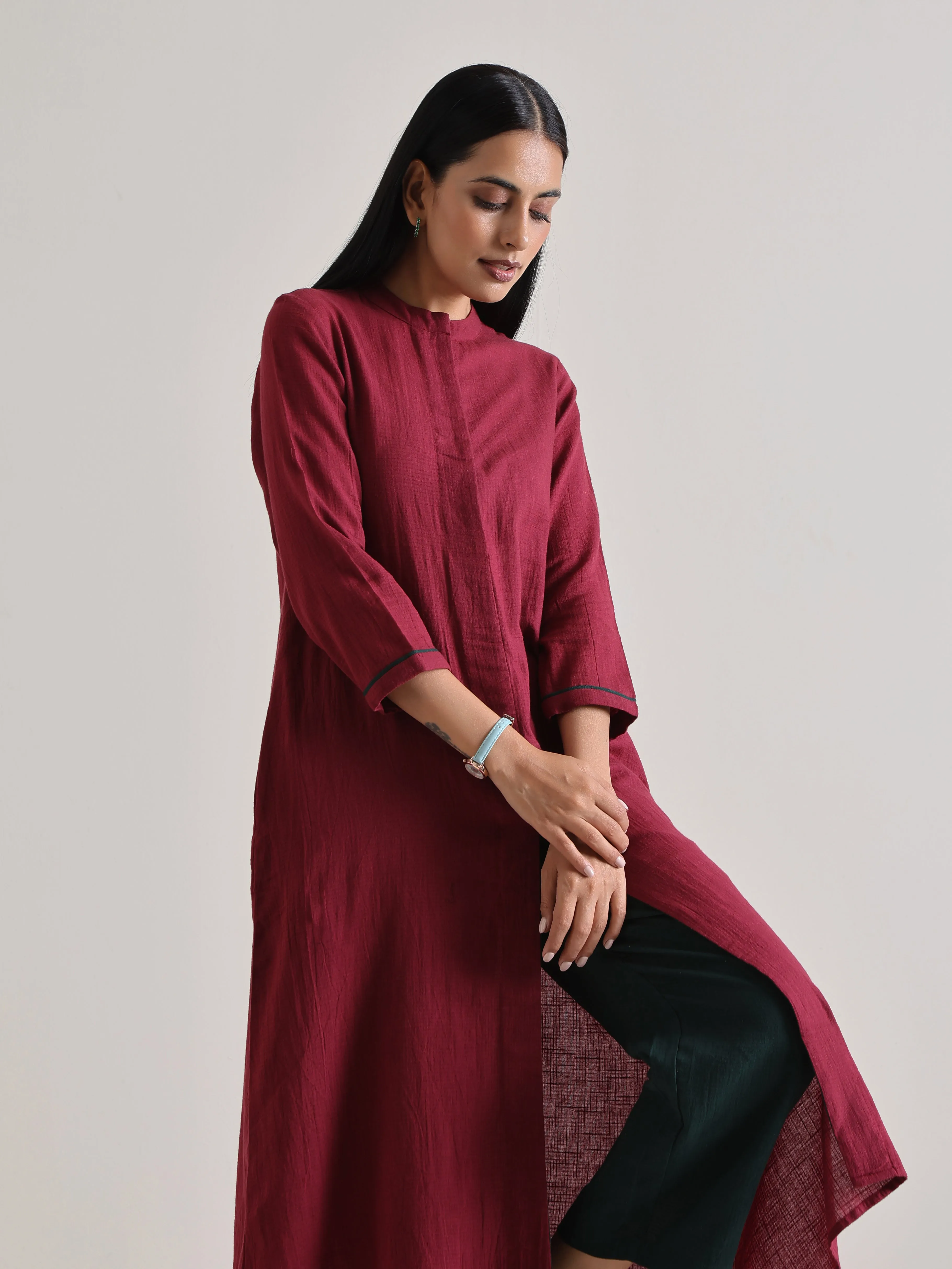 Maroon Placket Kurta Pant Set