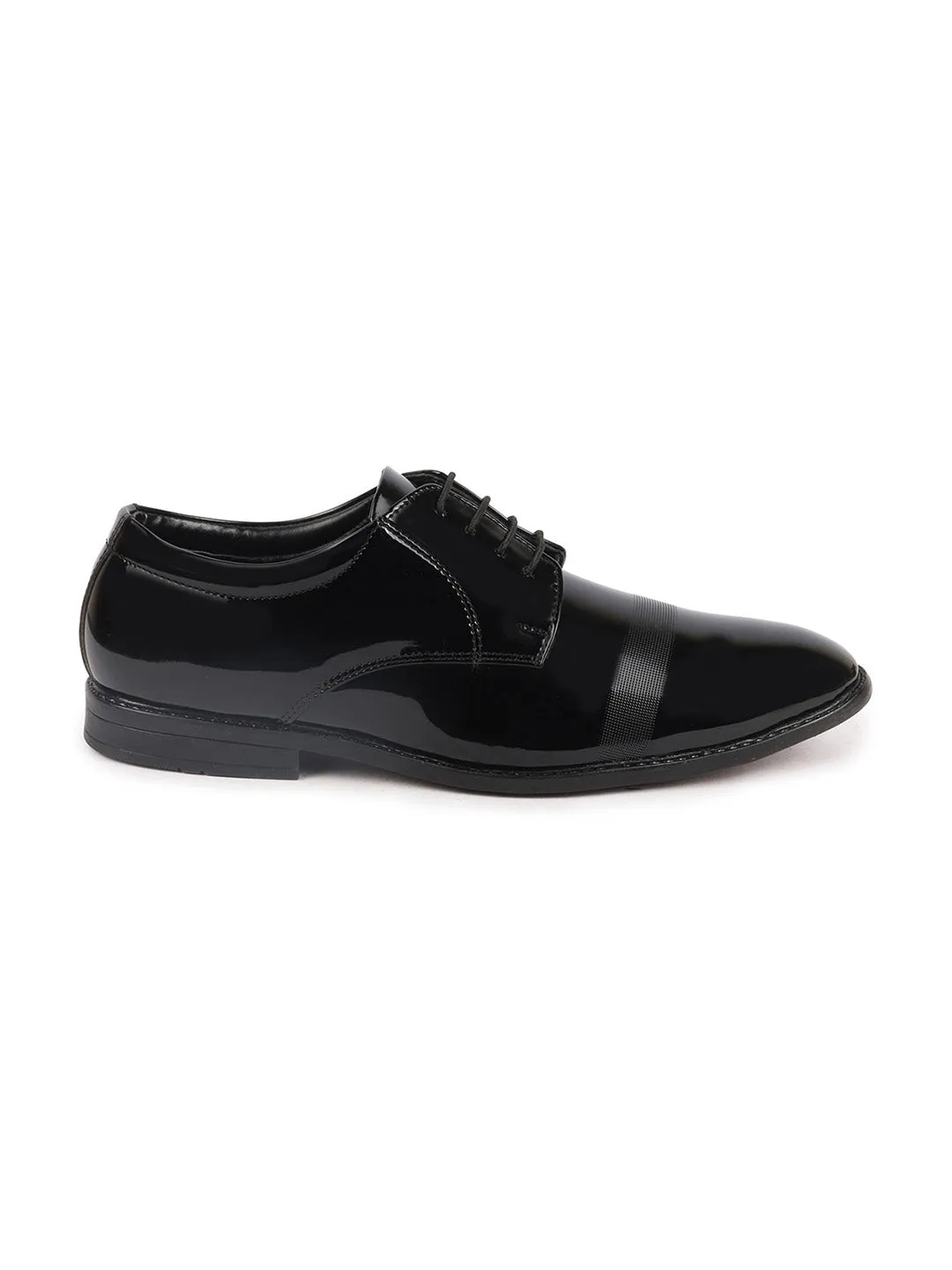 Men Black Patent Leather Party Formal Textured Strip Lace Up Shoes