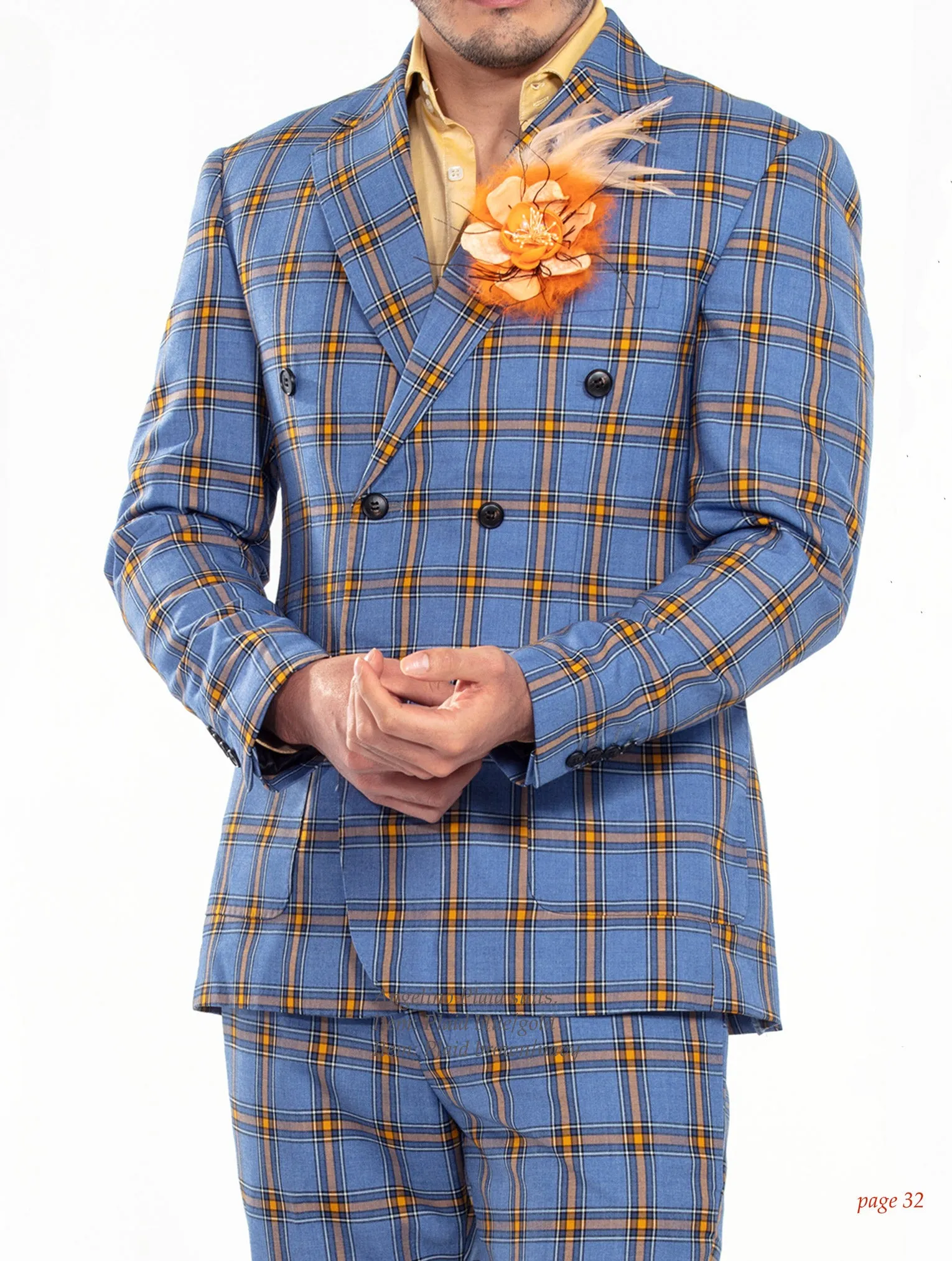 men plaid suit, blue/gold