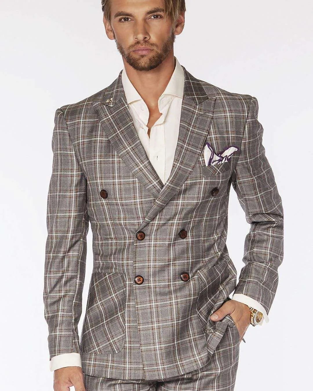 Men's Fashion suits Double Breasted Plaid2 Gray