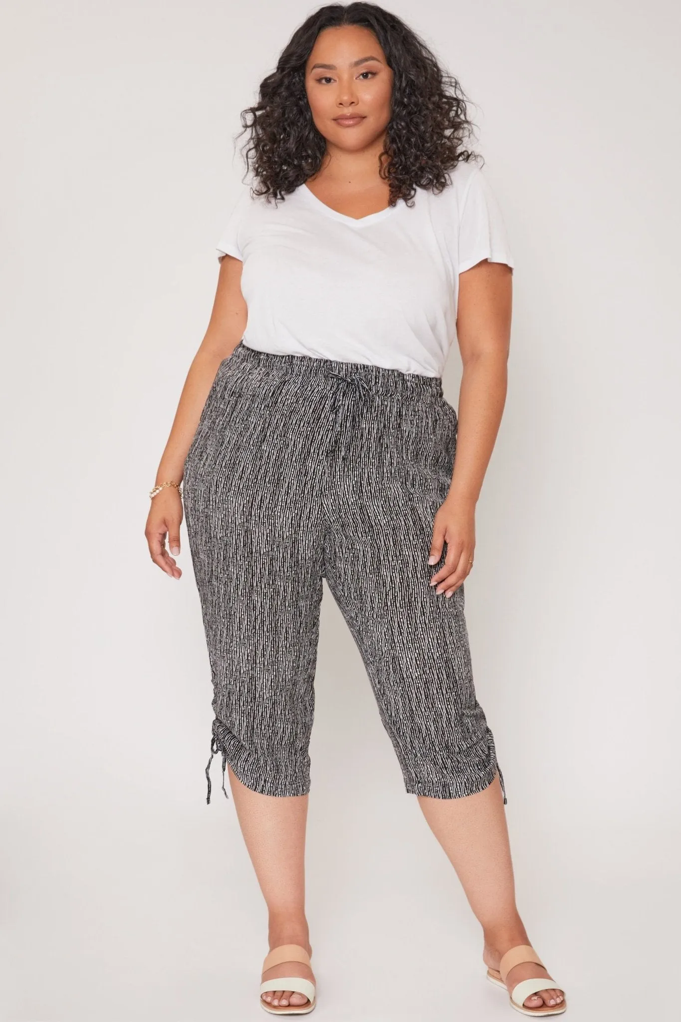 Missy Plus Size Linen Elastic Waist Capri With Side Ruched Hem 6 Pack