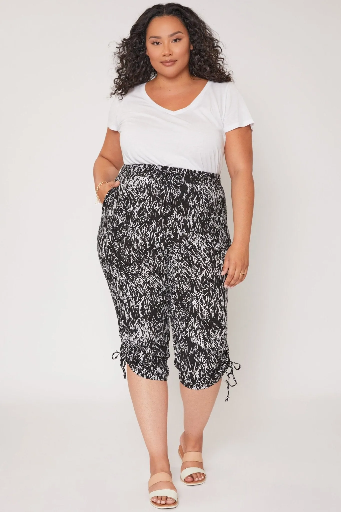 Missy Plus Size Linen Elastic Waist Capri With Side Ruched Hem 6 Pack