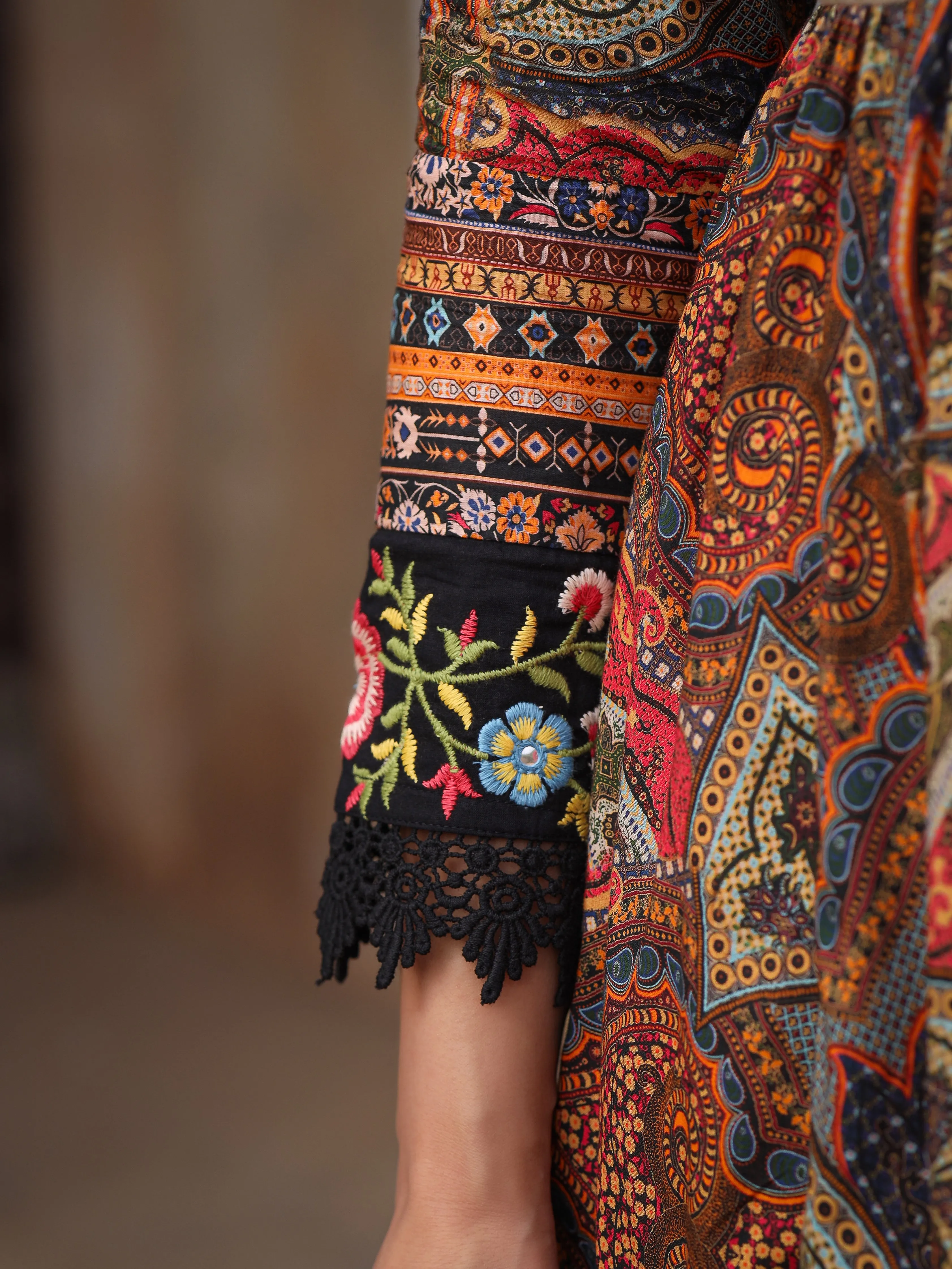 Multi Colored Cotton Maxi Dress with Ethnic Motifs, Embroidered Jacket, and Long Sleeves